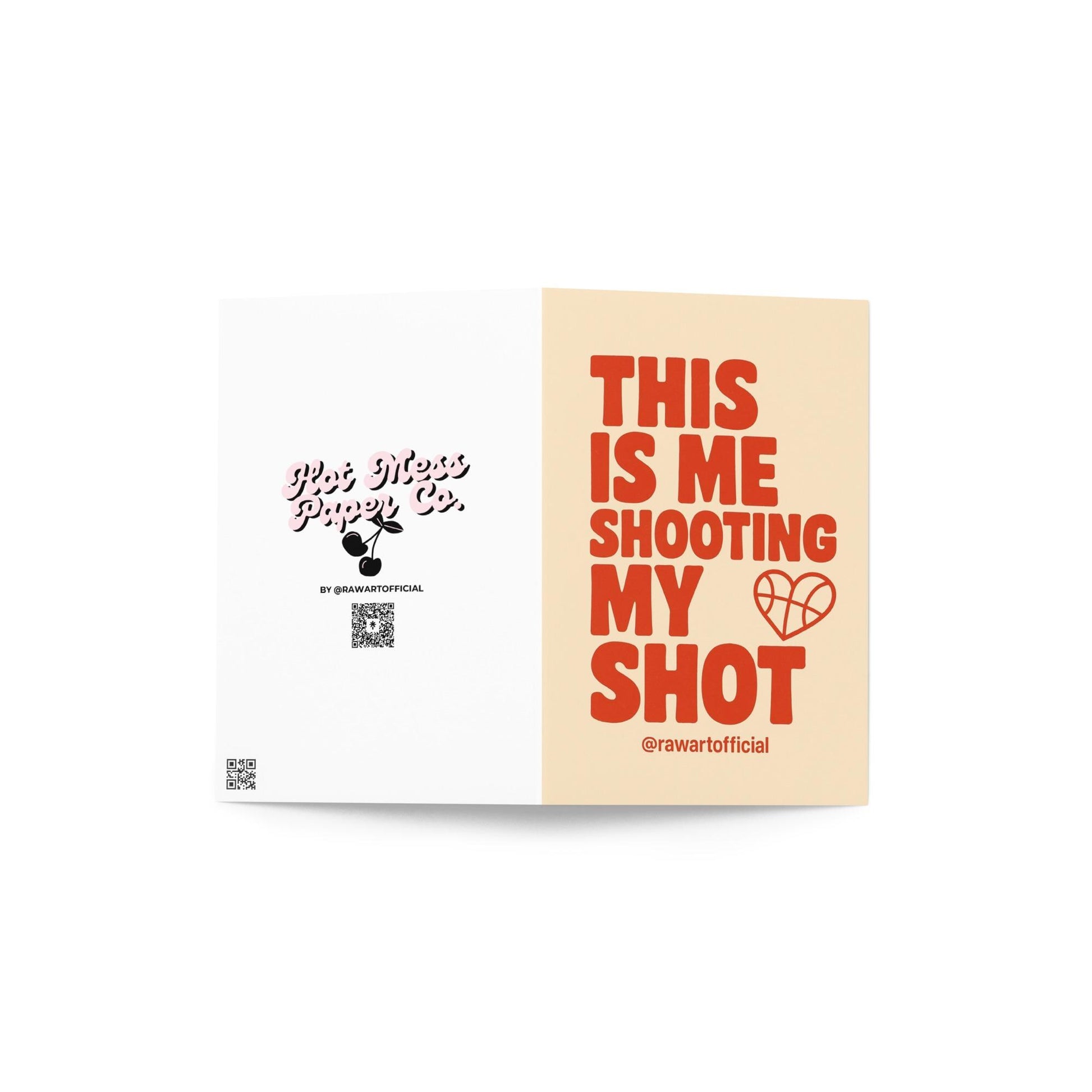 Text card reading “This Is Me Shooting My Shot” with heart basketball doodle on cream background