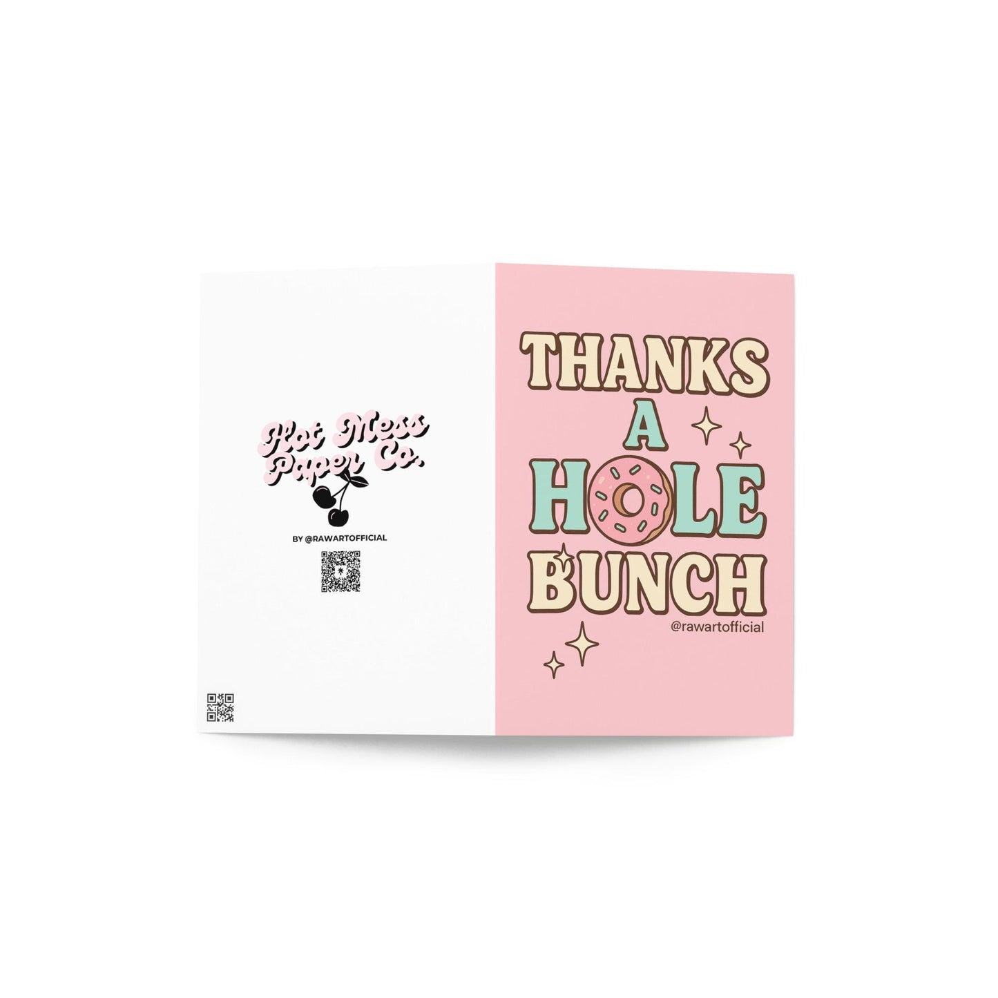 Pink and mint retro-style card with a sprinkled donut for the “O” in “Thanks a Hole Bunch,” surrounded by sparkles. Designed by @rawartofficial.