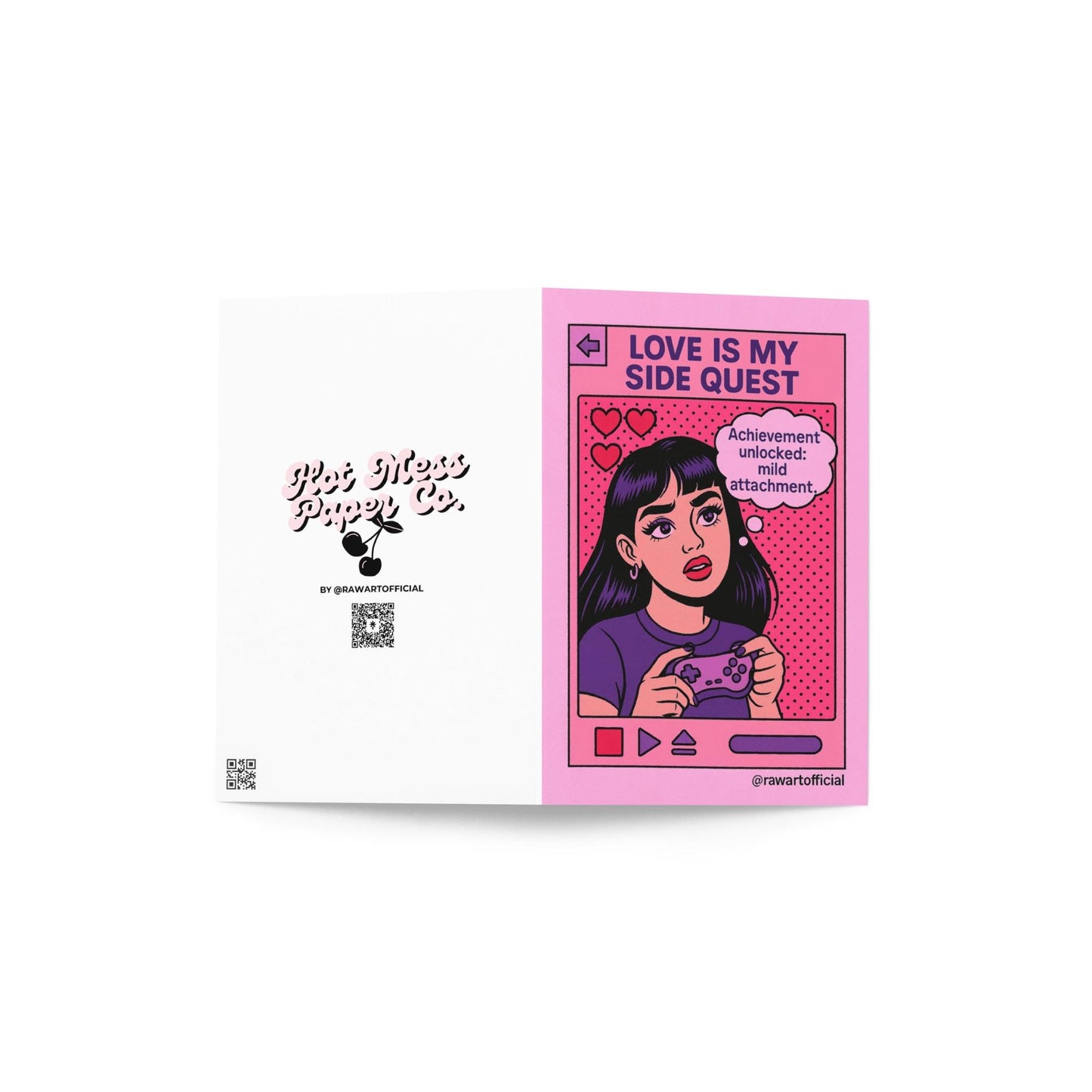 Cartoon girl holding a game controller with hearts and a pink interface, saying “Achievement unlocked: mild attachment,” with text “Love Is My Side Quest” above.