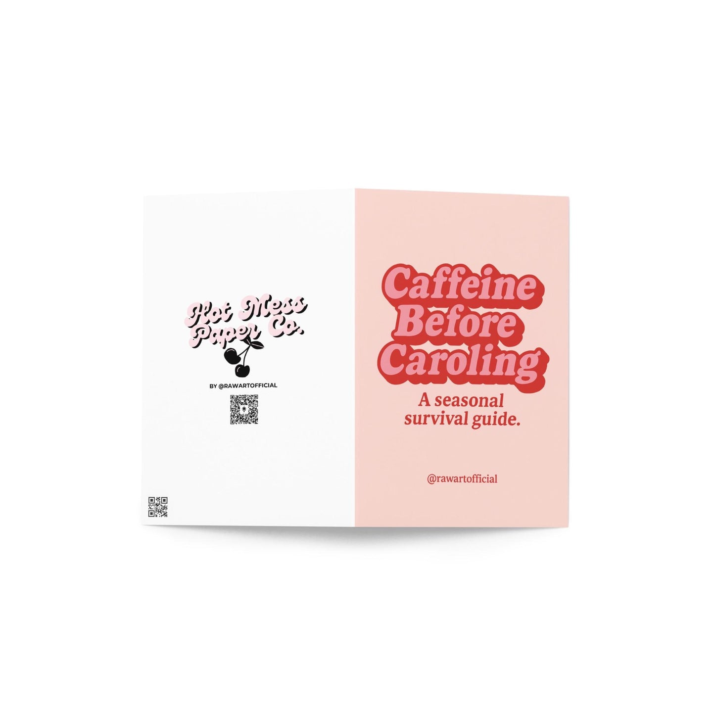 Bold pink and red retro text reads “Caffeine Before Caroling – A Seasonal Survival Guide” on a blush background.
