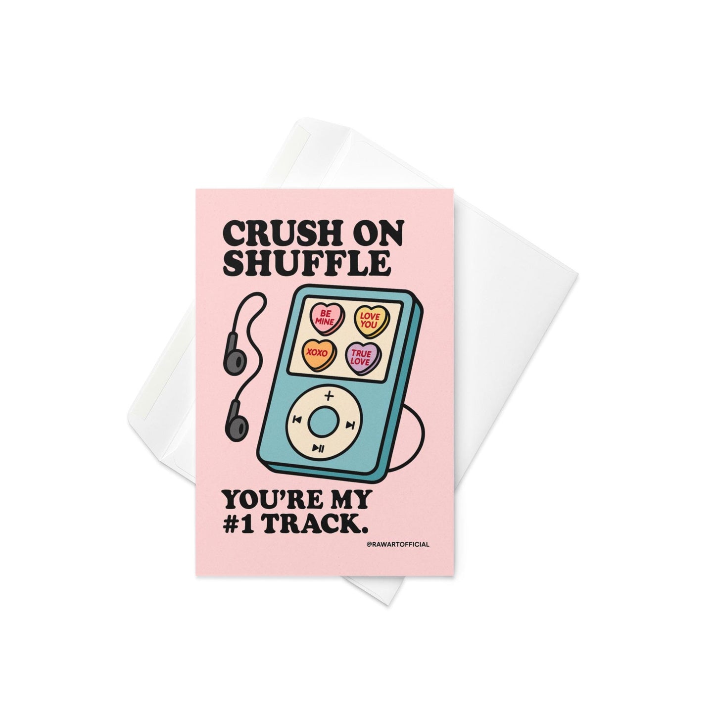 Retro teal music player with candy hearts on the screen and text “Crush on Shuffle – You’re My #1 Track” on pink background.