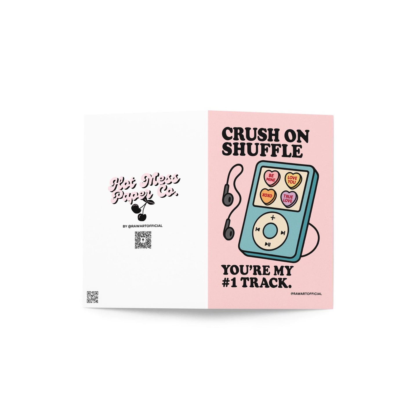 Retro teal music player with candy hearts on the screen and text “Crush on Shuffle – You’re My #1 Track” on pink background.