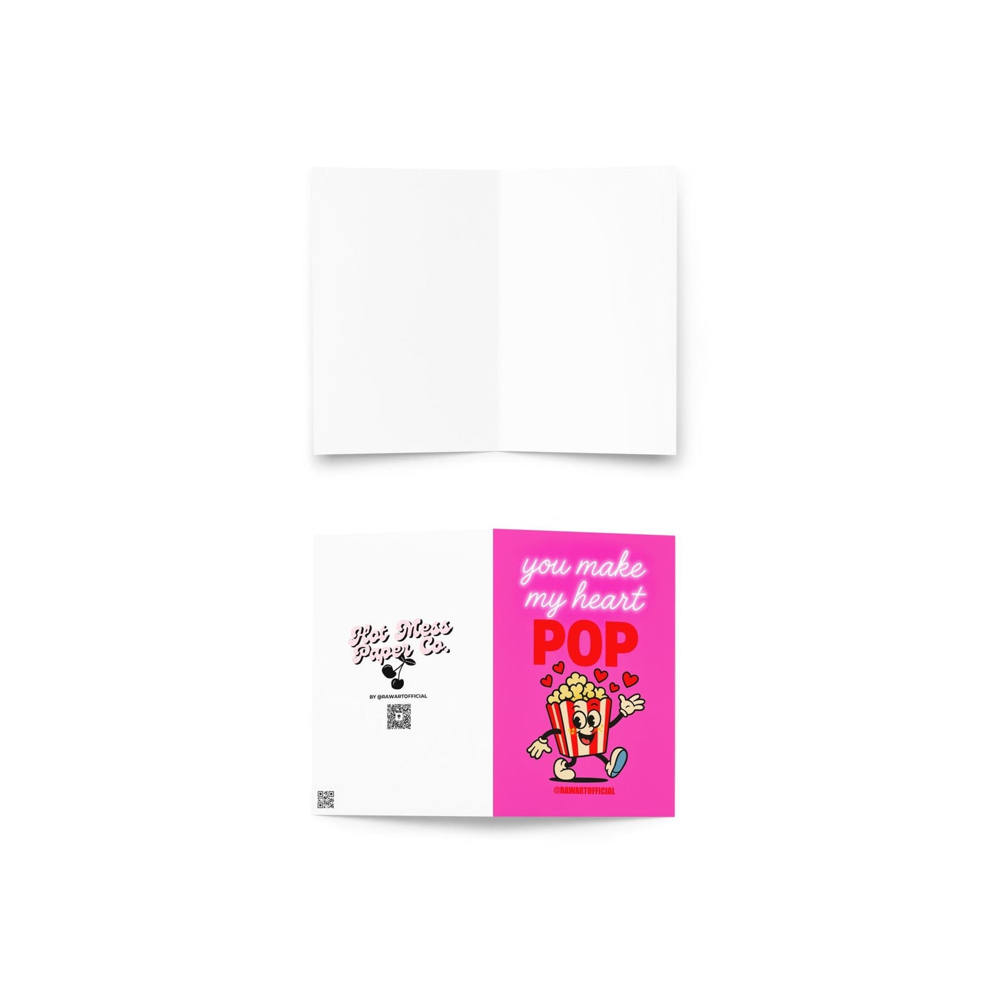 Retro cartoon popcorn box with hearts and neon pink text reads “You Make My Heart Pop” on a hot-pink background.