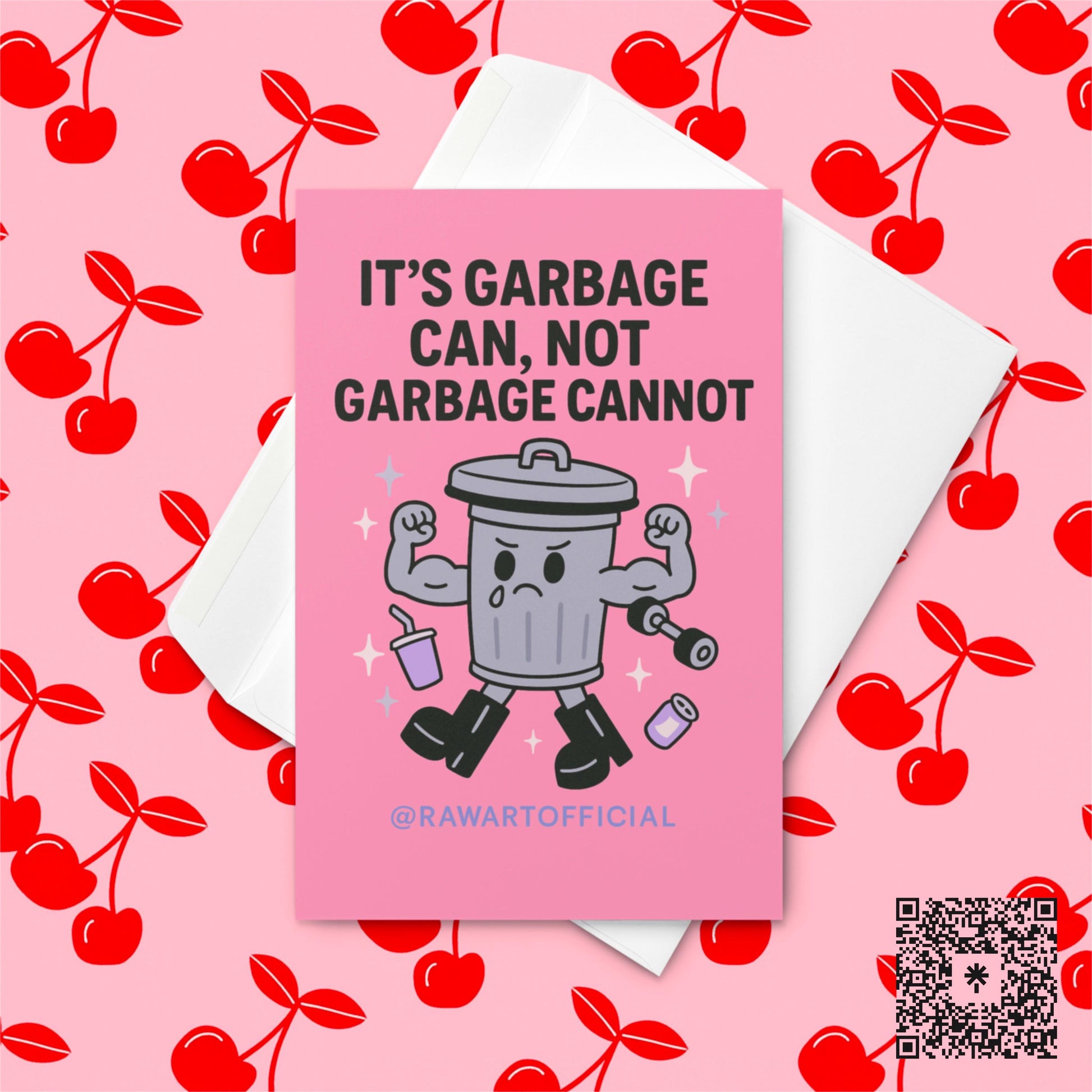Cartoon trash can with muscular arms flexing beside cans and sparkles, with text “It’s garbage can, not garbage cannot” on pink background.