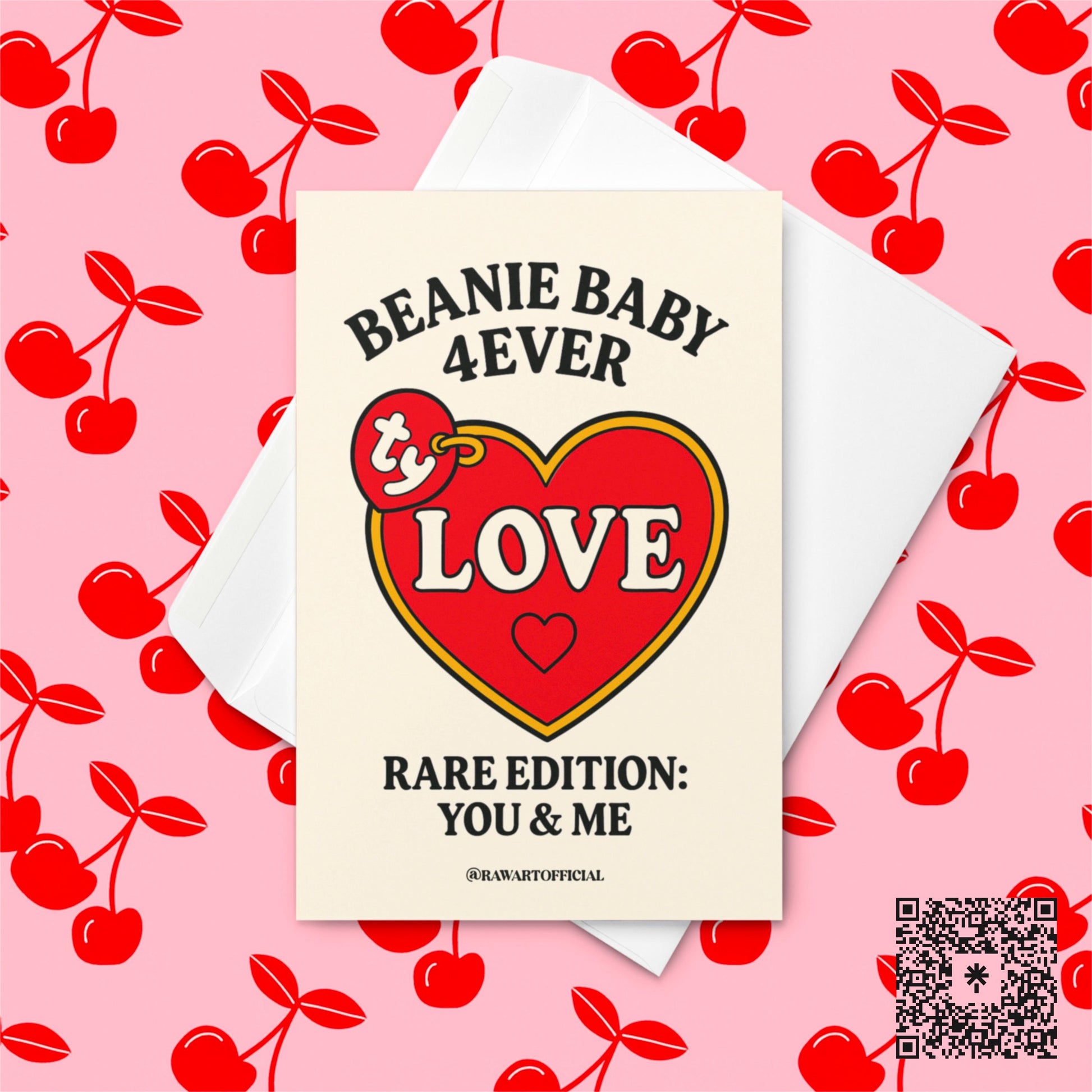 Retro Valentine card featuring a red heart tag that says “Love” with text “Beanie Baby 4Ever – Rare Edition: You & Me.”