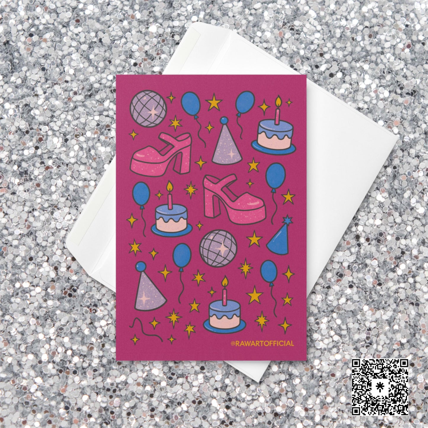 Pink retro collage with disco balls, birthday cakes, balloons, stars, party hats, and glitter platform heels on a magenta background.