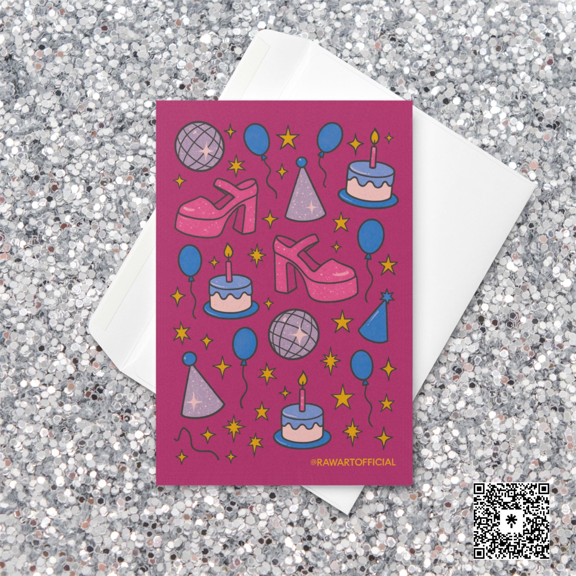 Pink retro collage with disco balls, birthday cakes, balloons, stars, party hats, and glitter platform heels on a magenta background.