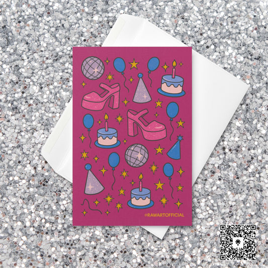 Pink retro collage with disco balls, birthday cakes, balloons, stars, party hats, and glitter platform heels on a magenta background.