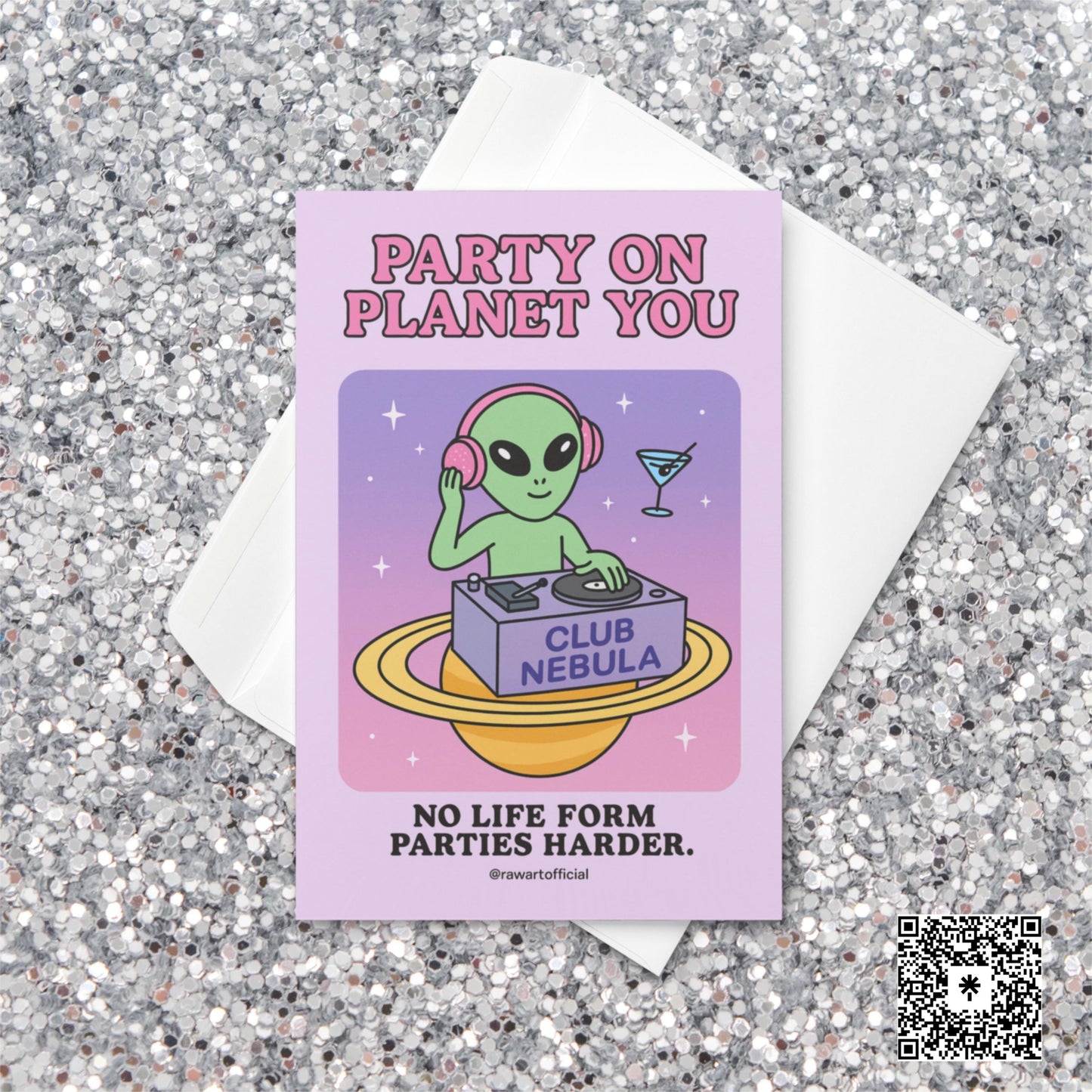 Retro cartoon alien DJ spinning records on a planet at “Club Nebula” with text “Party on Planet You.”