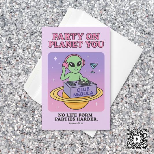 Retro cartoon alien DJ spinning records on a planet at “Club Nebula” with text “Party on Planet You.”