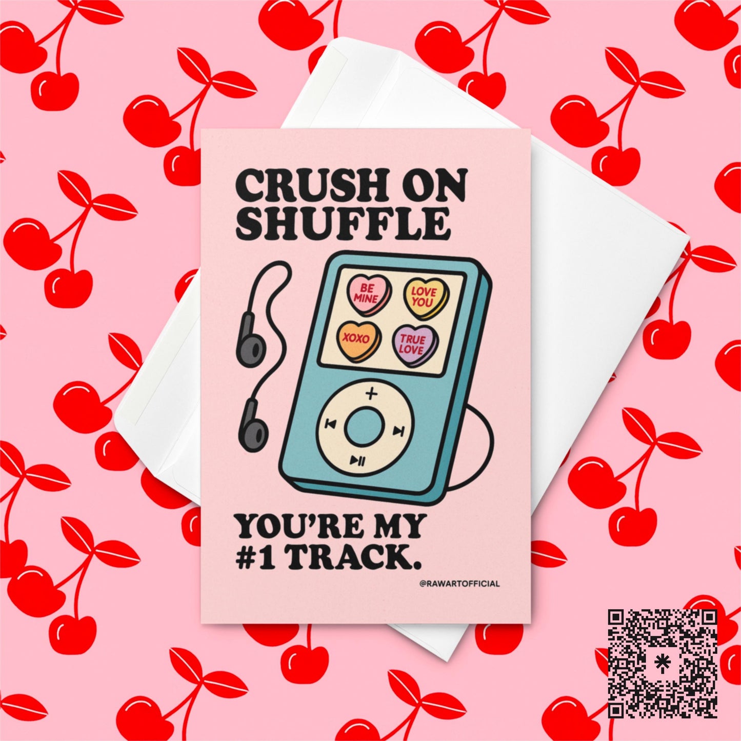 Retro teal music player with candy hearts on the screen and text “Crush on Shuffle – You’re My #1 Track” on pink background.