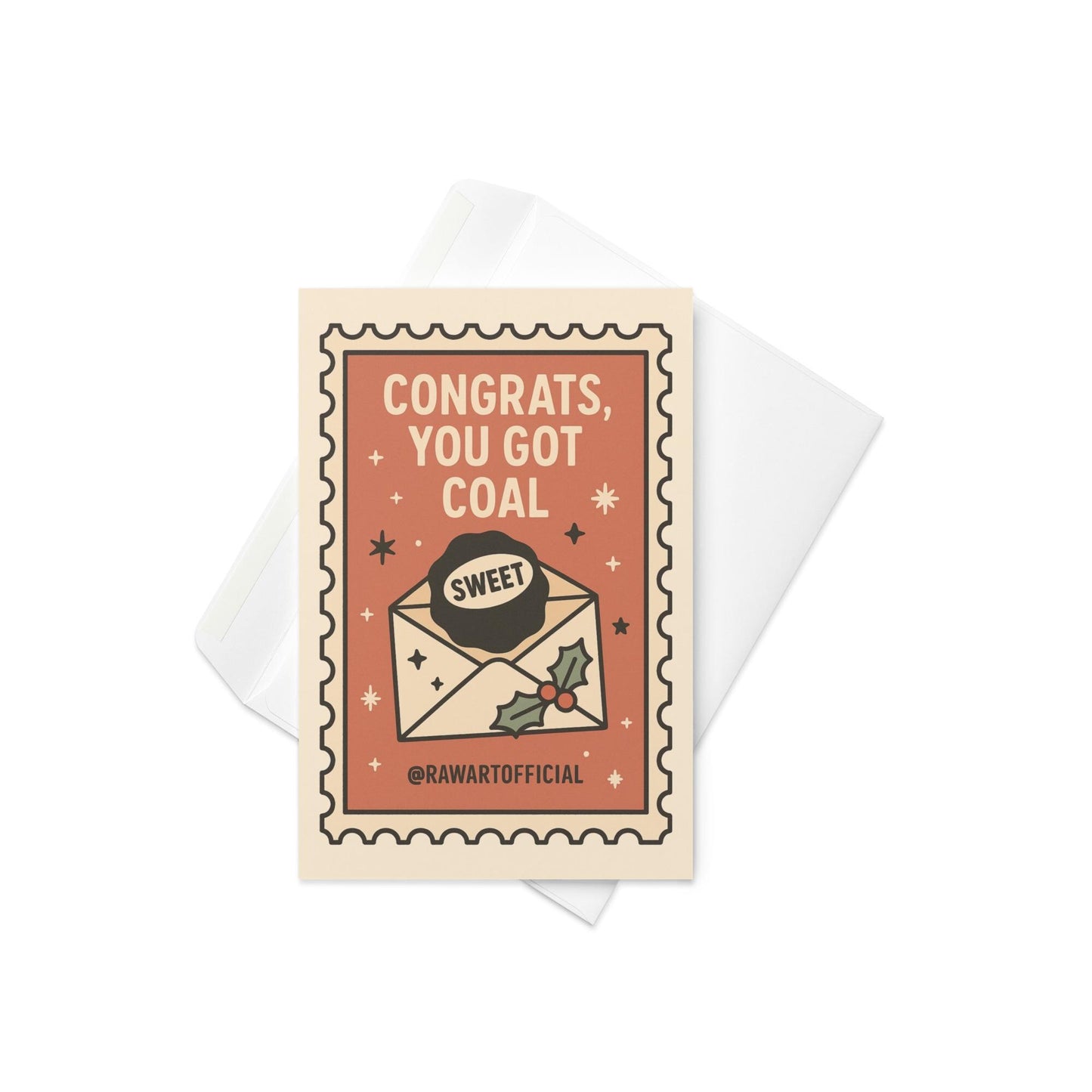 Funny Christmas card with coal in envelope and retro stamp style.