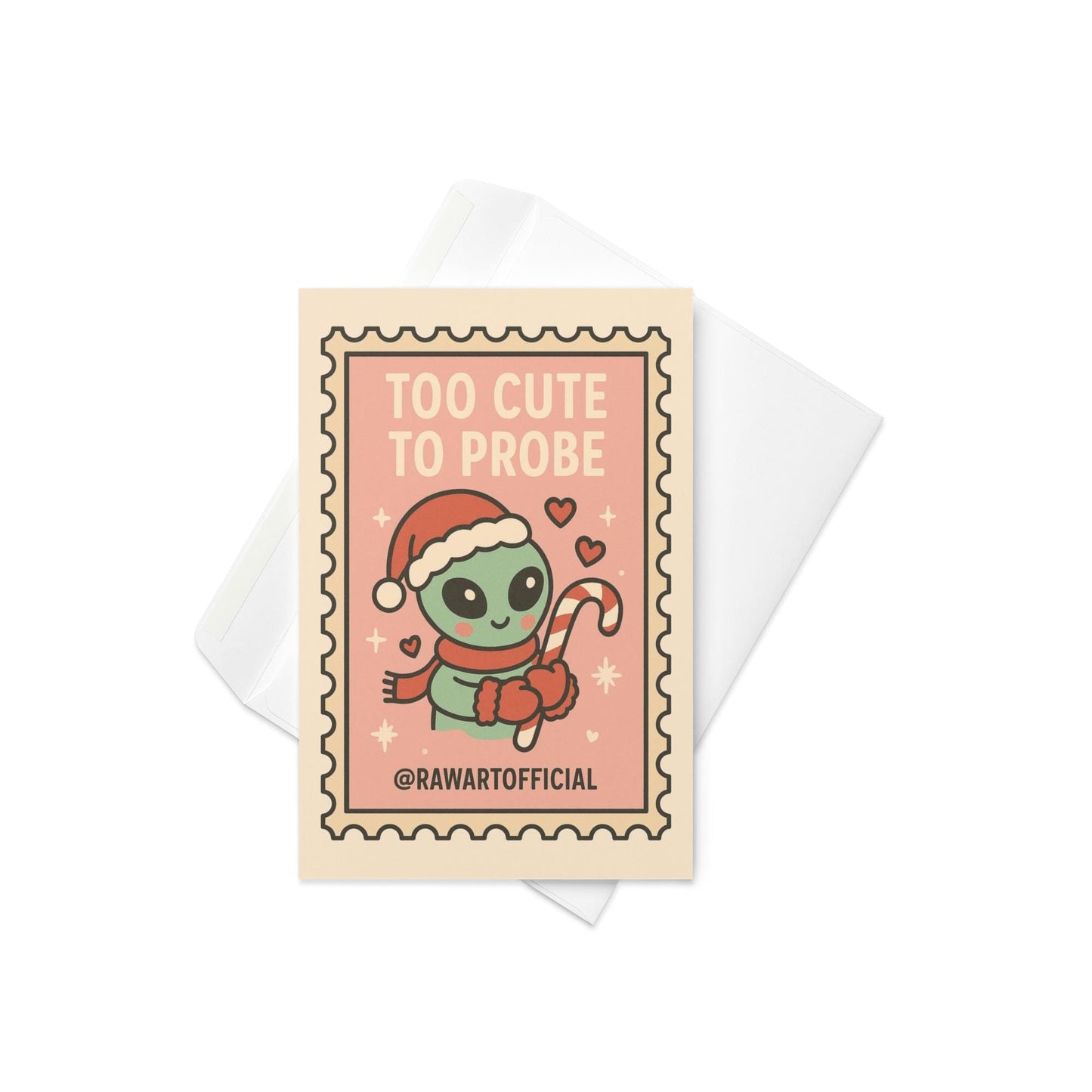 Cute pink alien Christmas card holding candy cane in retro stamp style.
