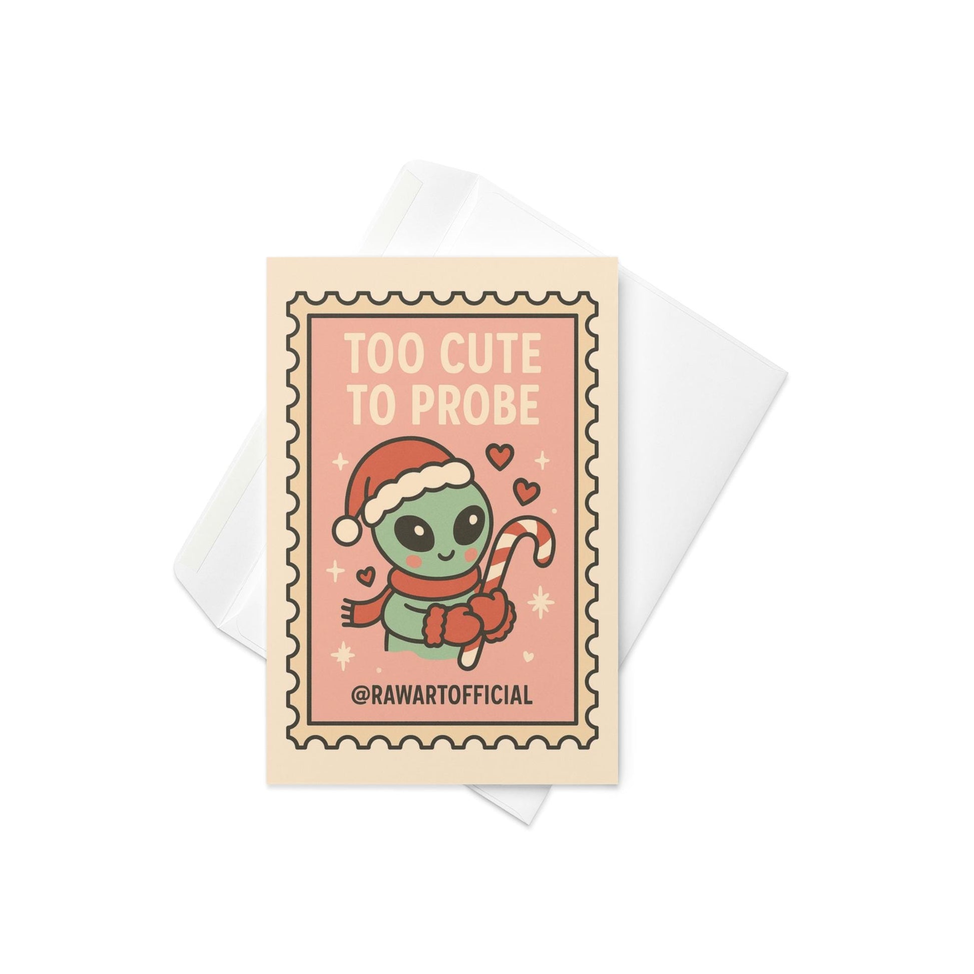 Cute pink alien Christmas card holding candy cane in retro stamp style.