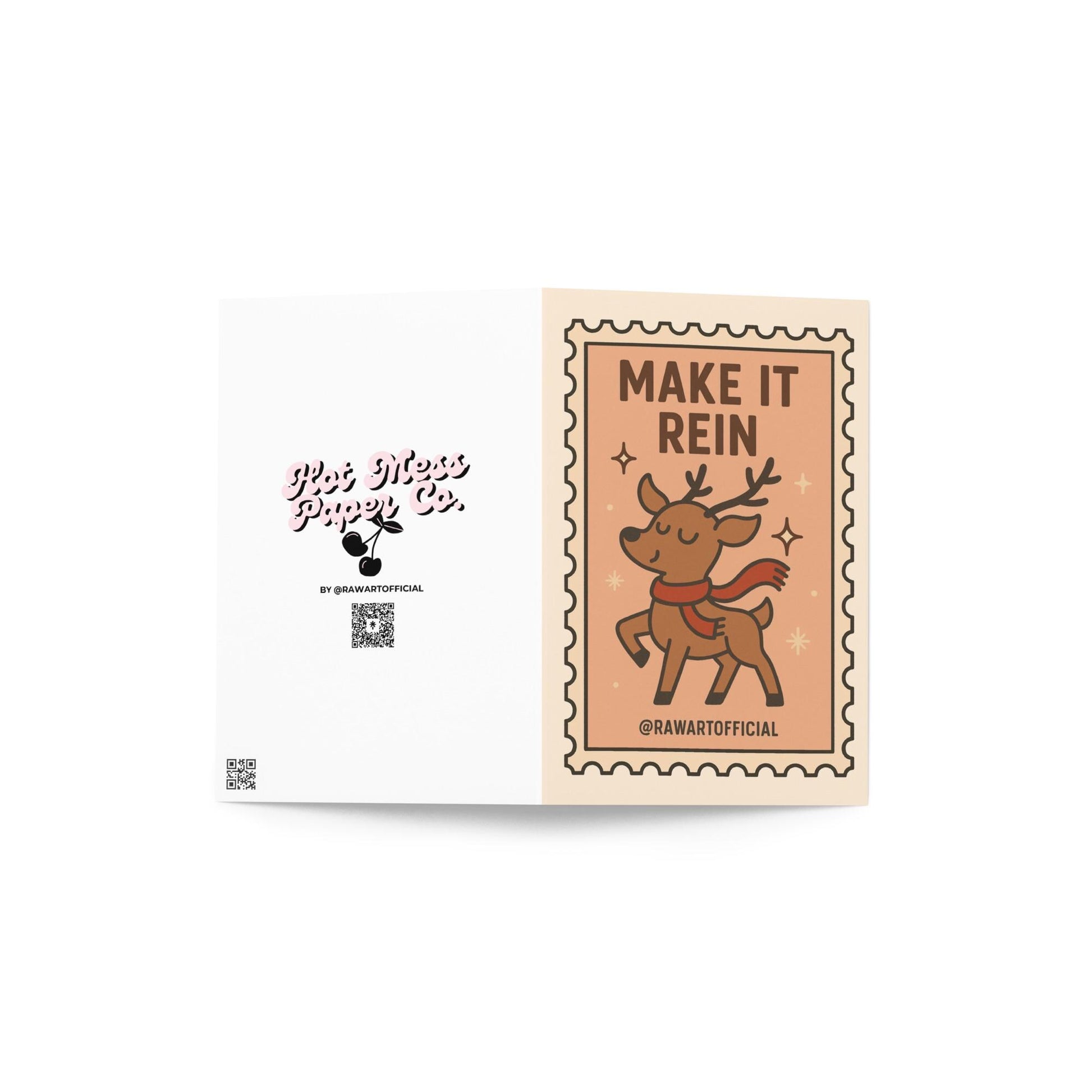 Cute prancing reindeer Christmas card with retro stamp style.