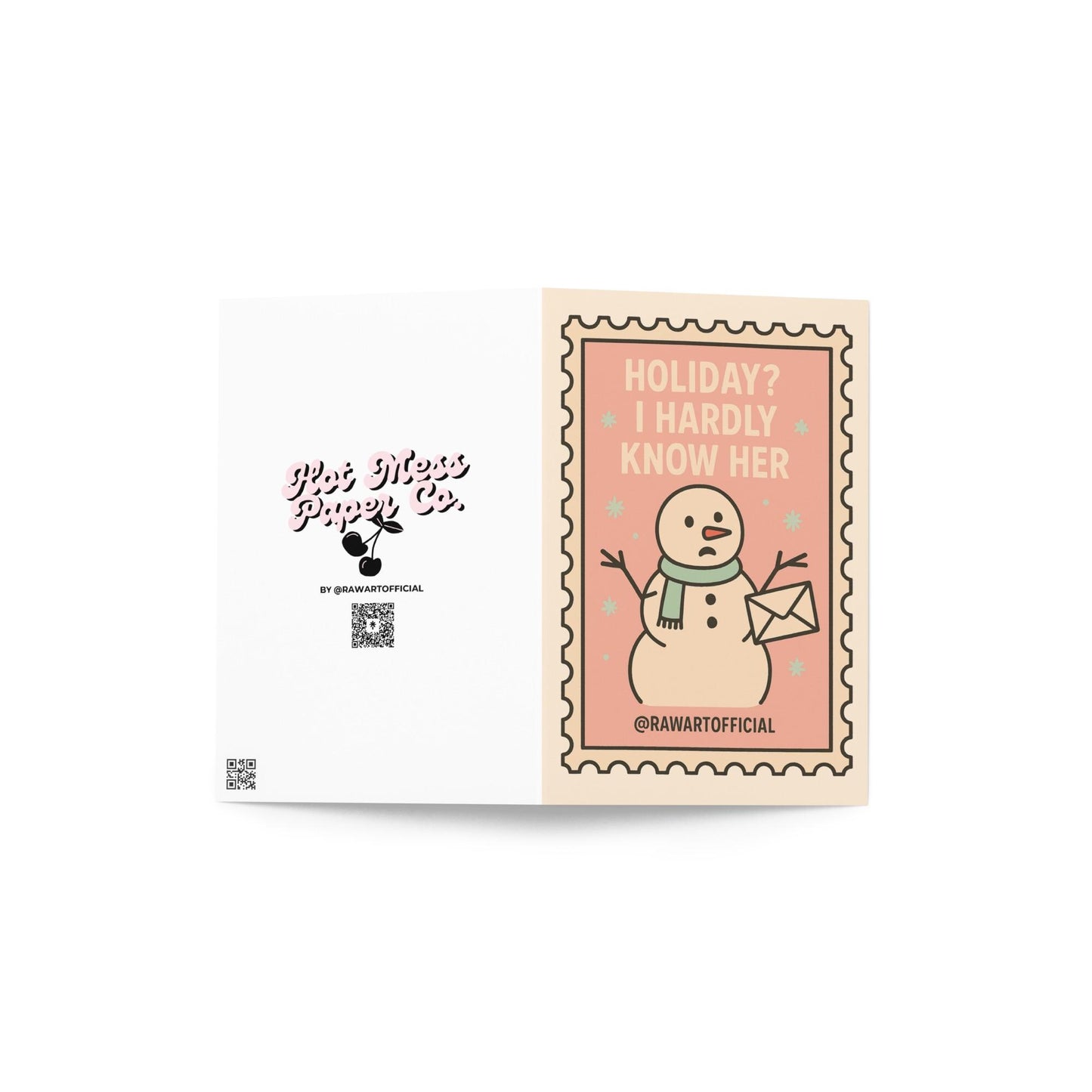Funny snowman holding envelope on pink retro Christmas stamp card.