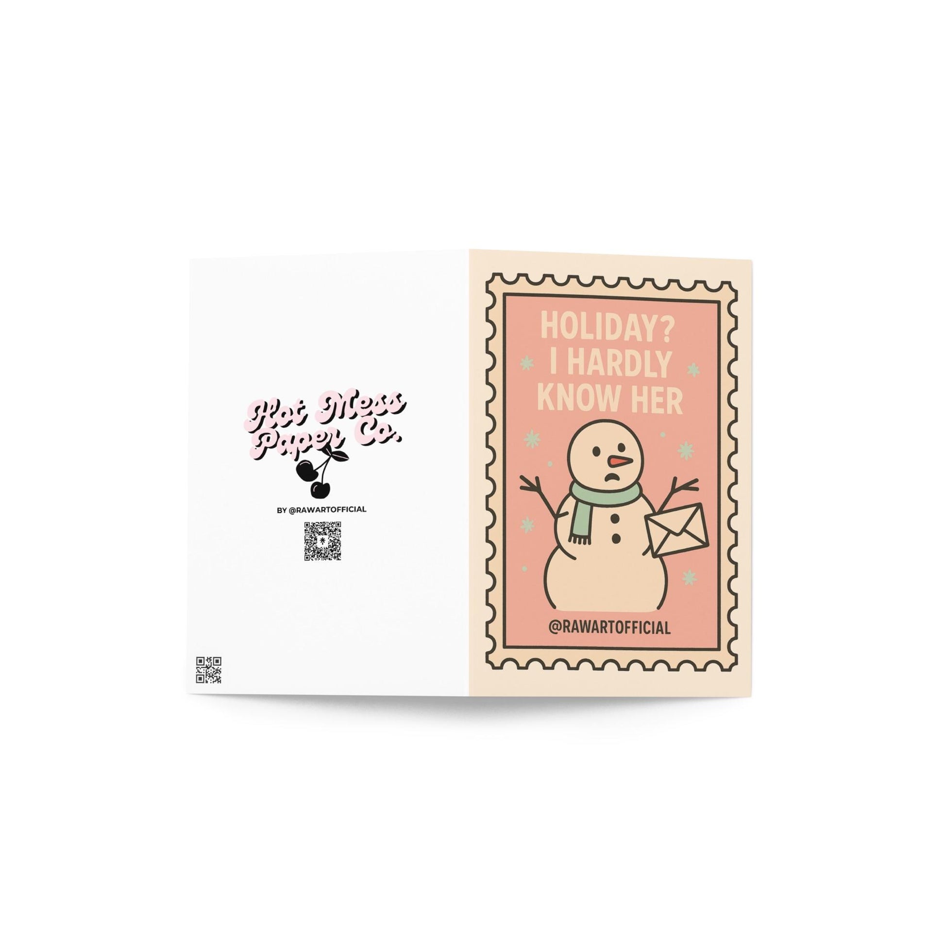Funny snowman holding envelope on pink retro Christmas stamp card.
