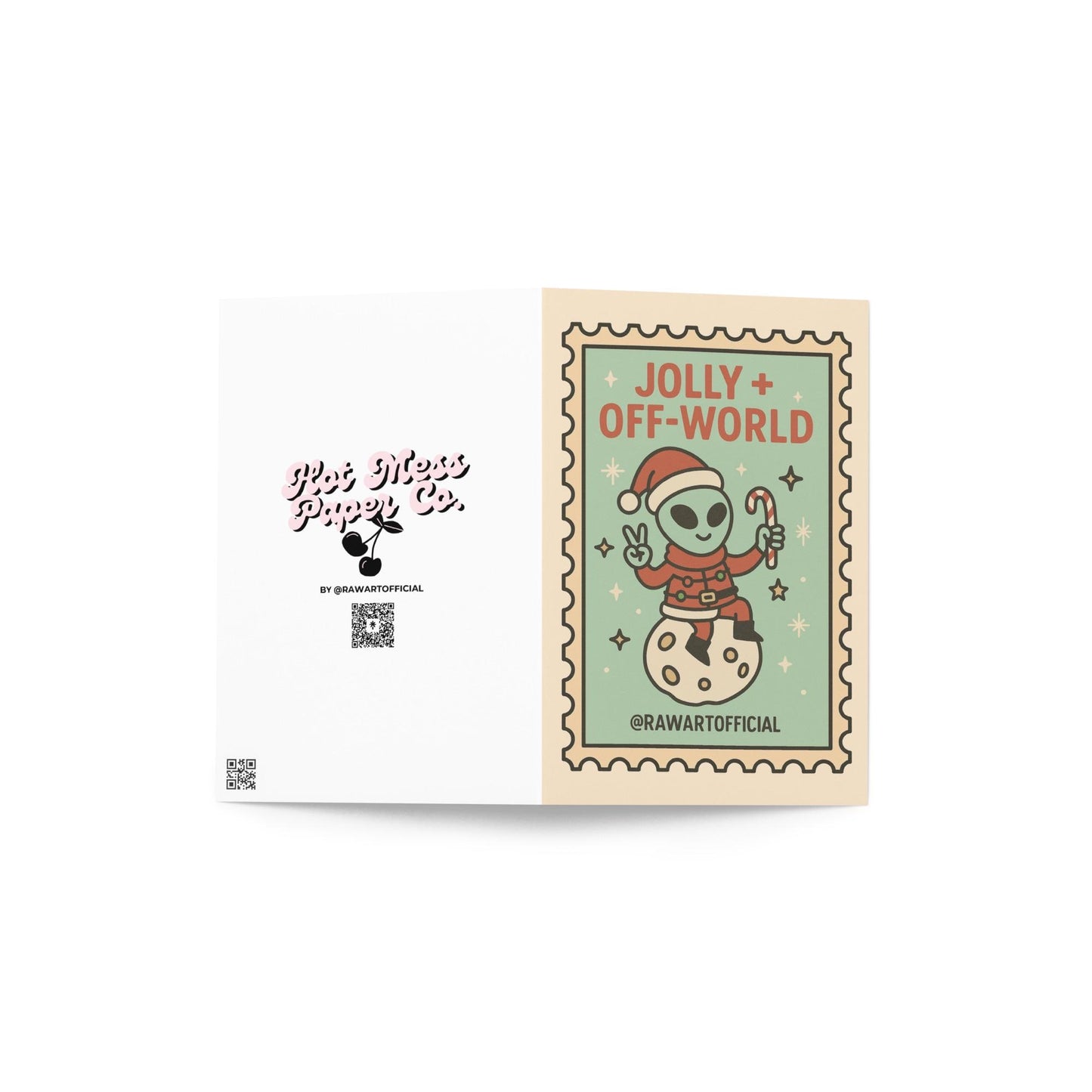 Cute alien Santa Christmas card sitting on moon with candy cane in retro stamp style.