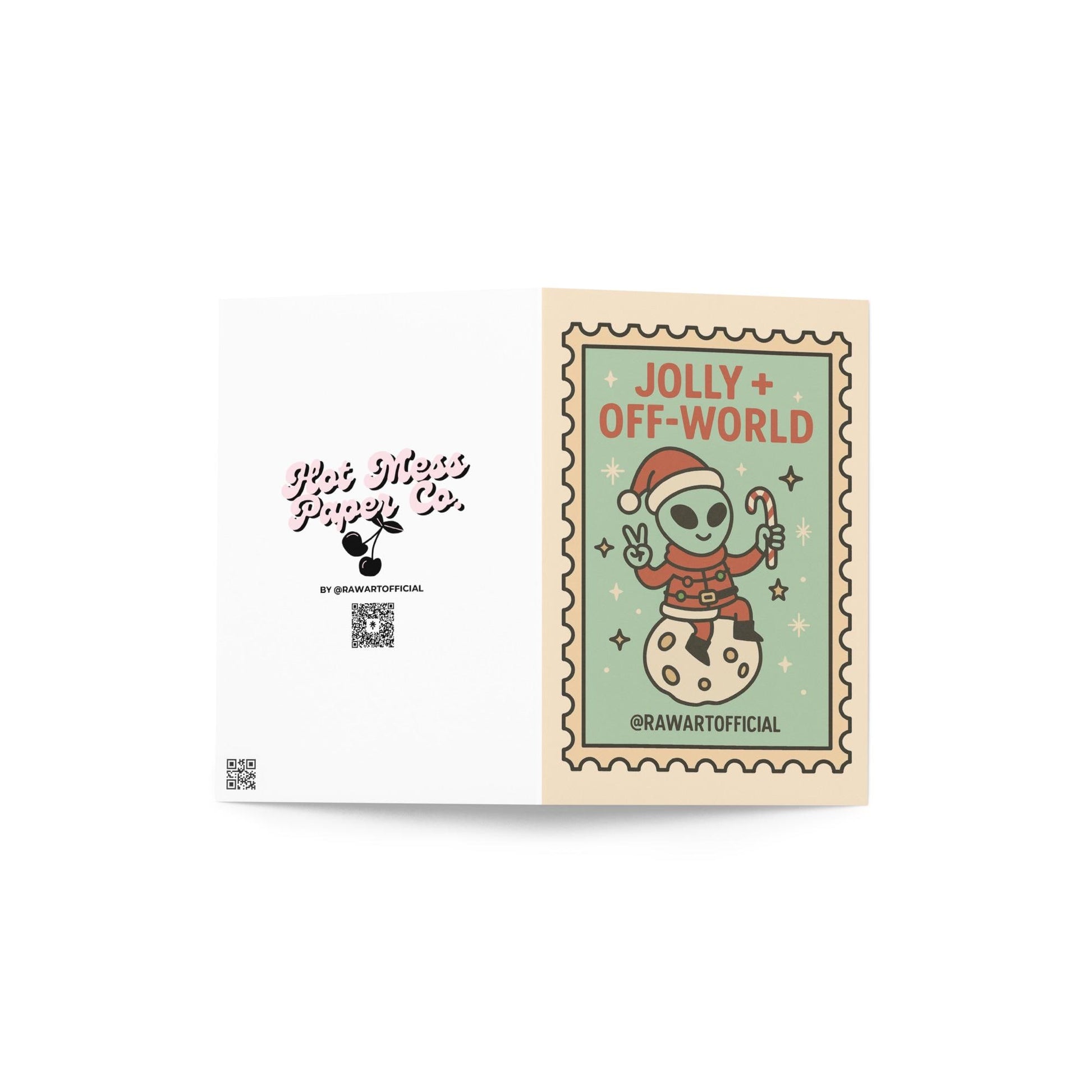 Cute alien Santa Christmas card sitting on moon with candy cane in retro stamp style.