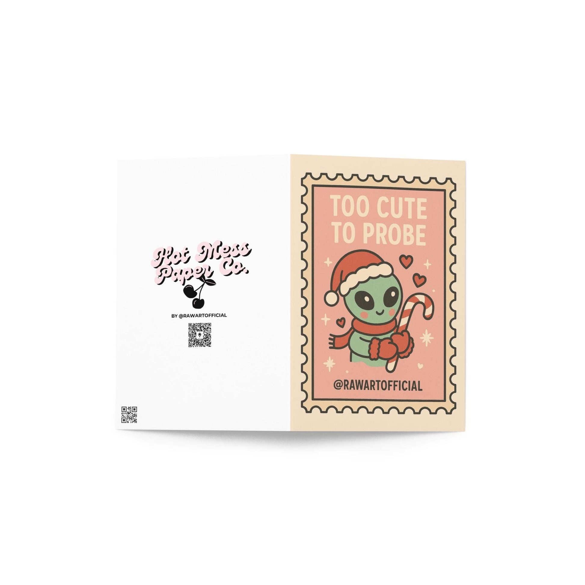 Cute pink alien Christmas card holding candy cane in retro stamp style.