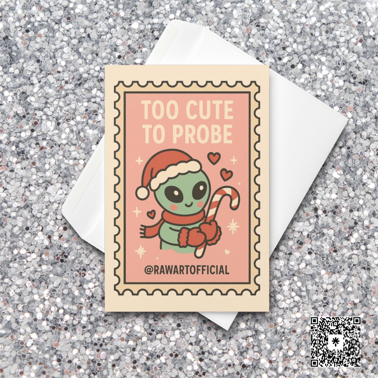 Cute pink alien Christmas card holding candy cane in retro stamp style.