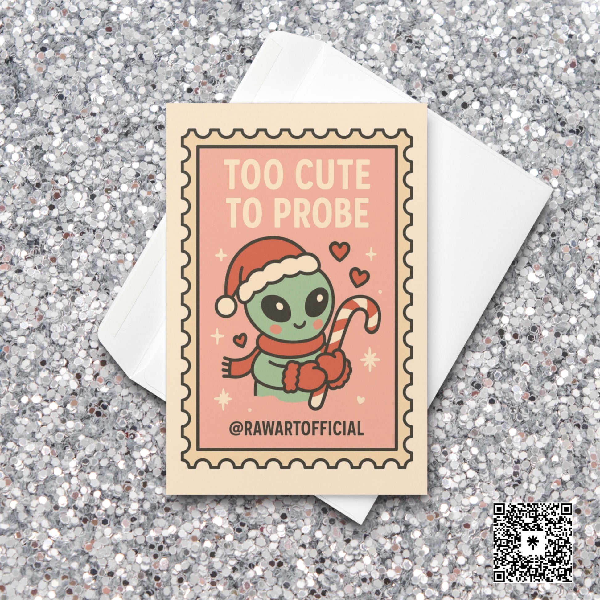 Cute pink alien Christmas card holding candy cane in retro stamp style.