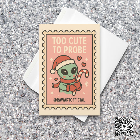 Cute pink alien Christmas card holding candy cane in retro stamp style.