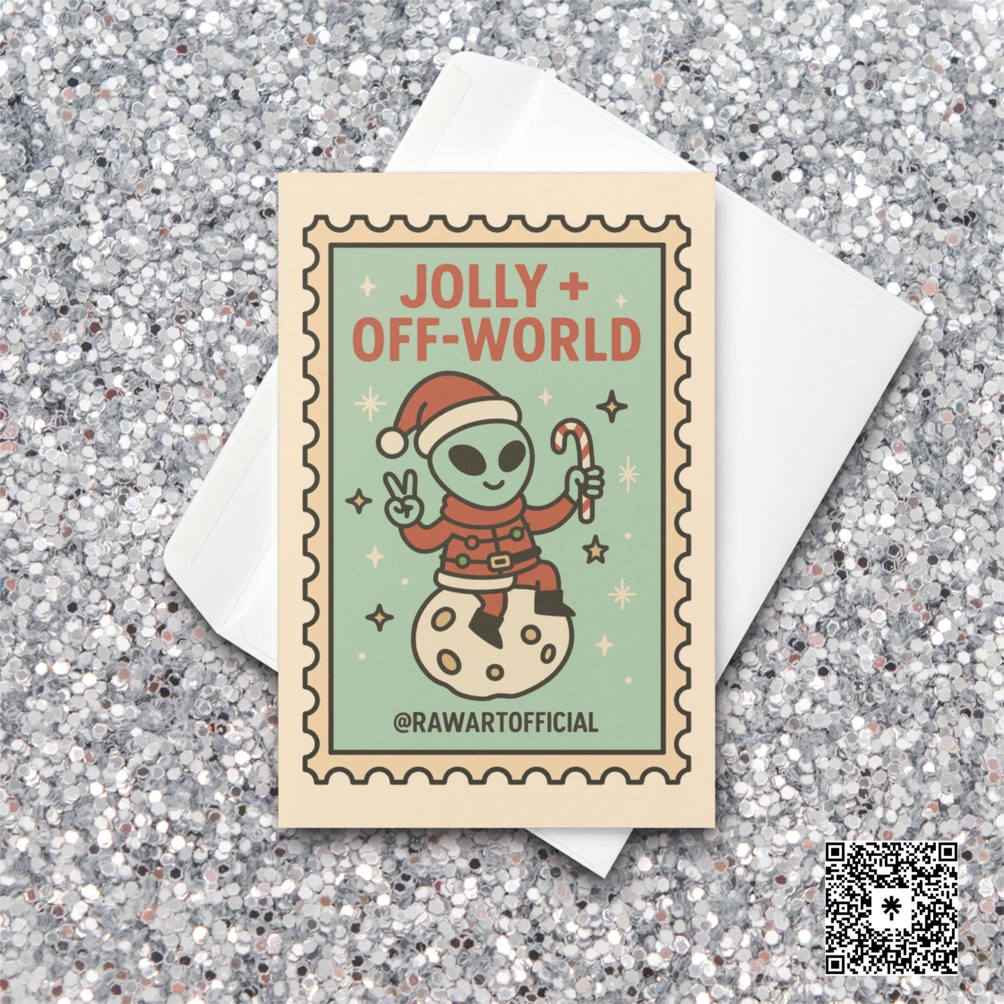 Cute alien Santa Christmas card sitting on moon with candy cane in retro stamp style.