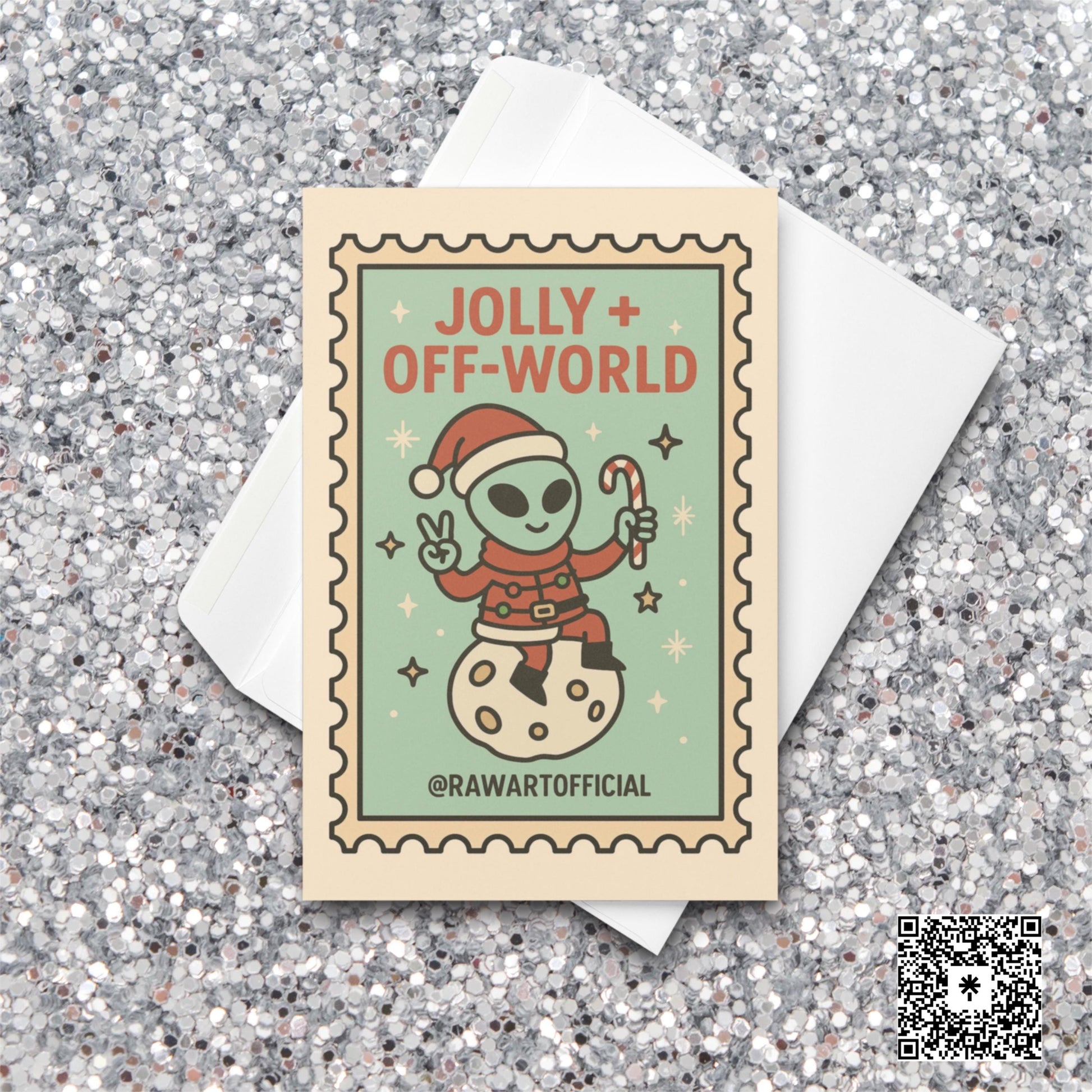Cute alien Santa Christmas card sitting on moon with candy cane in retro stamp style.