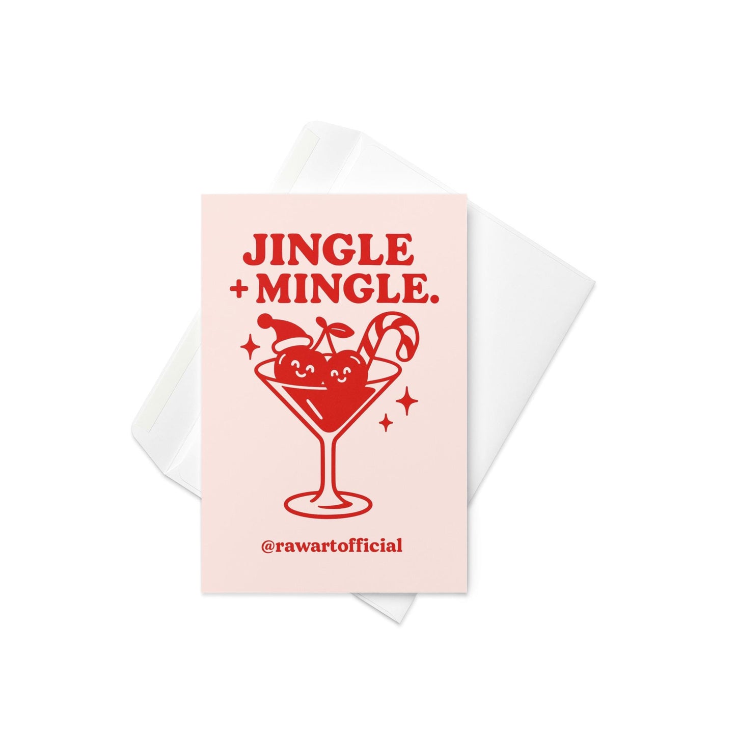Retro Christmas cocktail card with smiling cherries and candy cane.