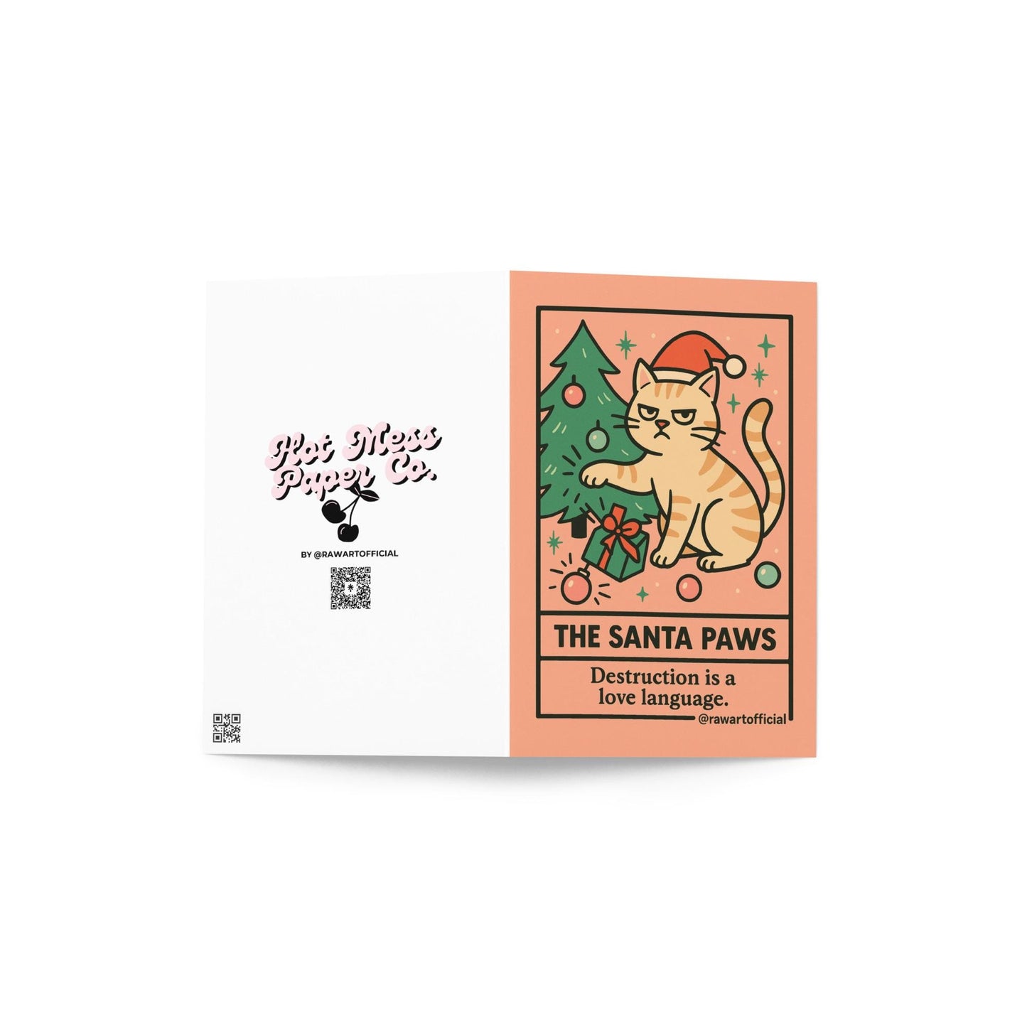 Funny tarot-style Christmas card with grumpy cat knocking gifts under tree.