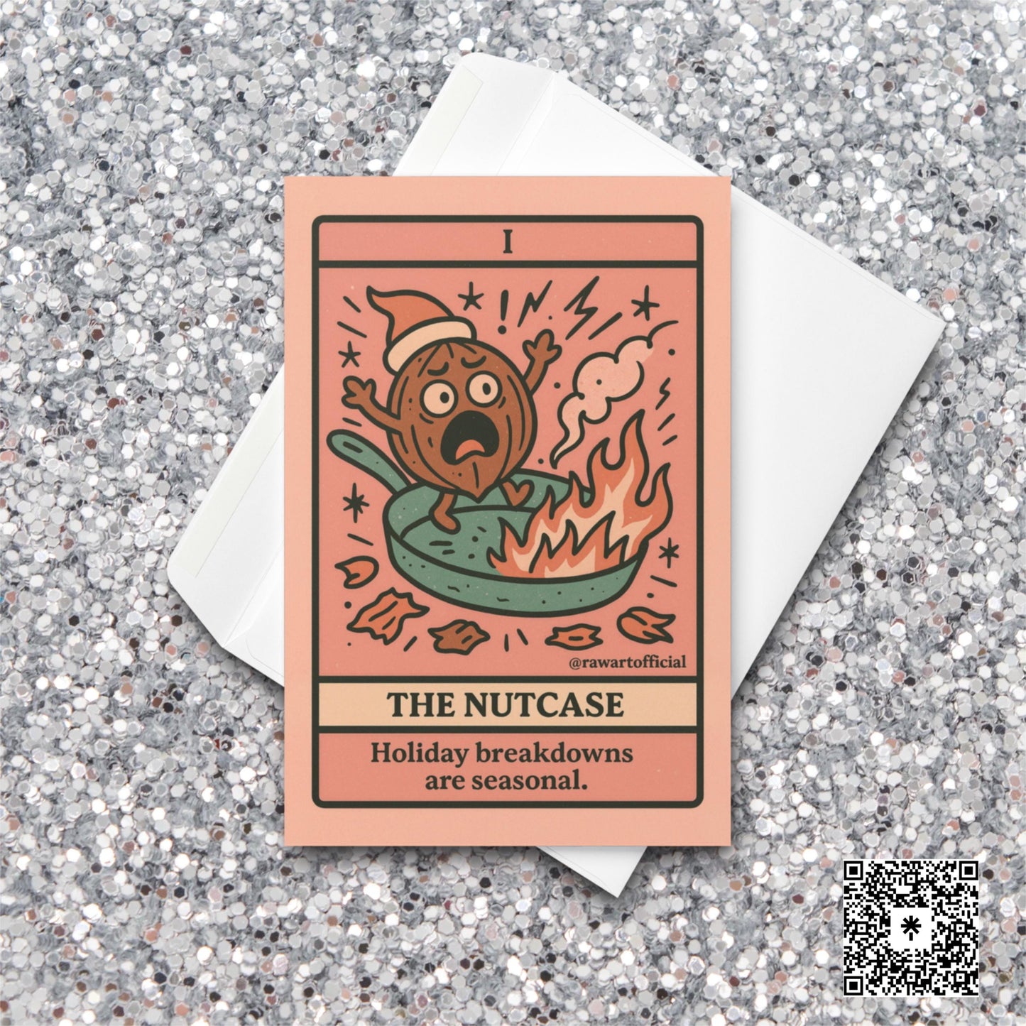 Funny tarot-style Christmas card with walnut panicking in flaming skillet.