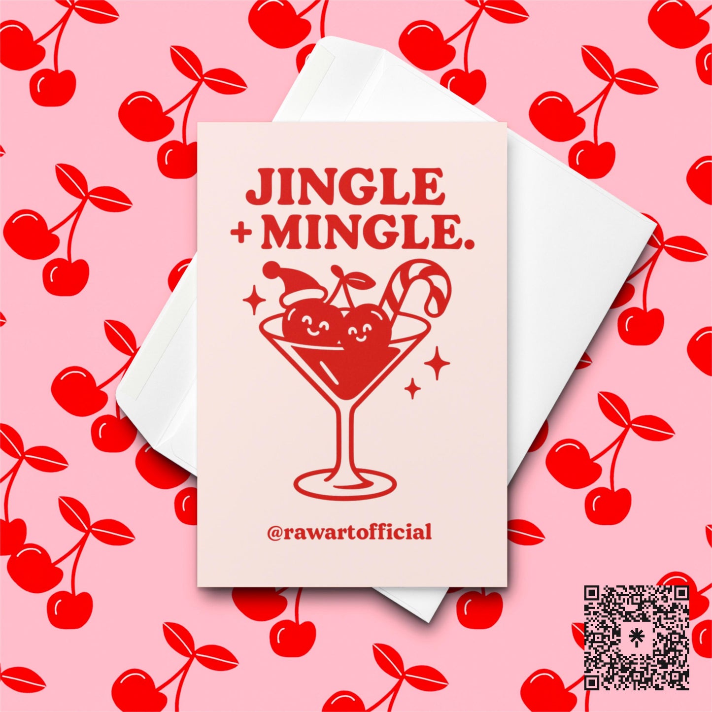 Retro Christmas cocktail card with smiling cherries and candy cane.