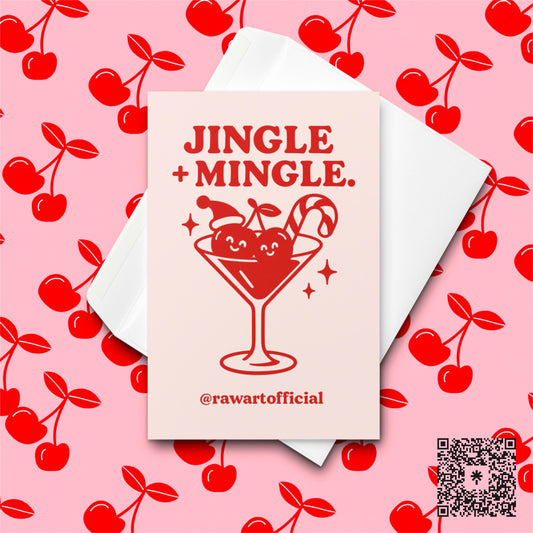 Retro Christmas cocktail card with smiling cherries and candy cane.