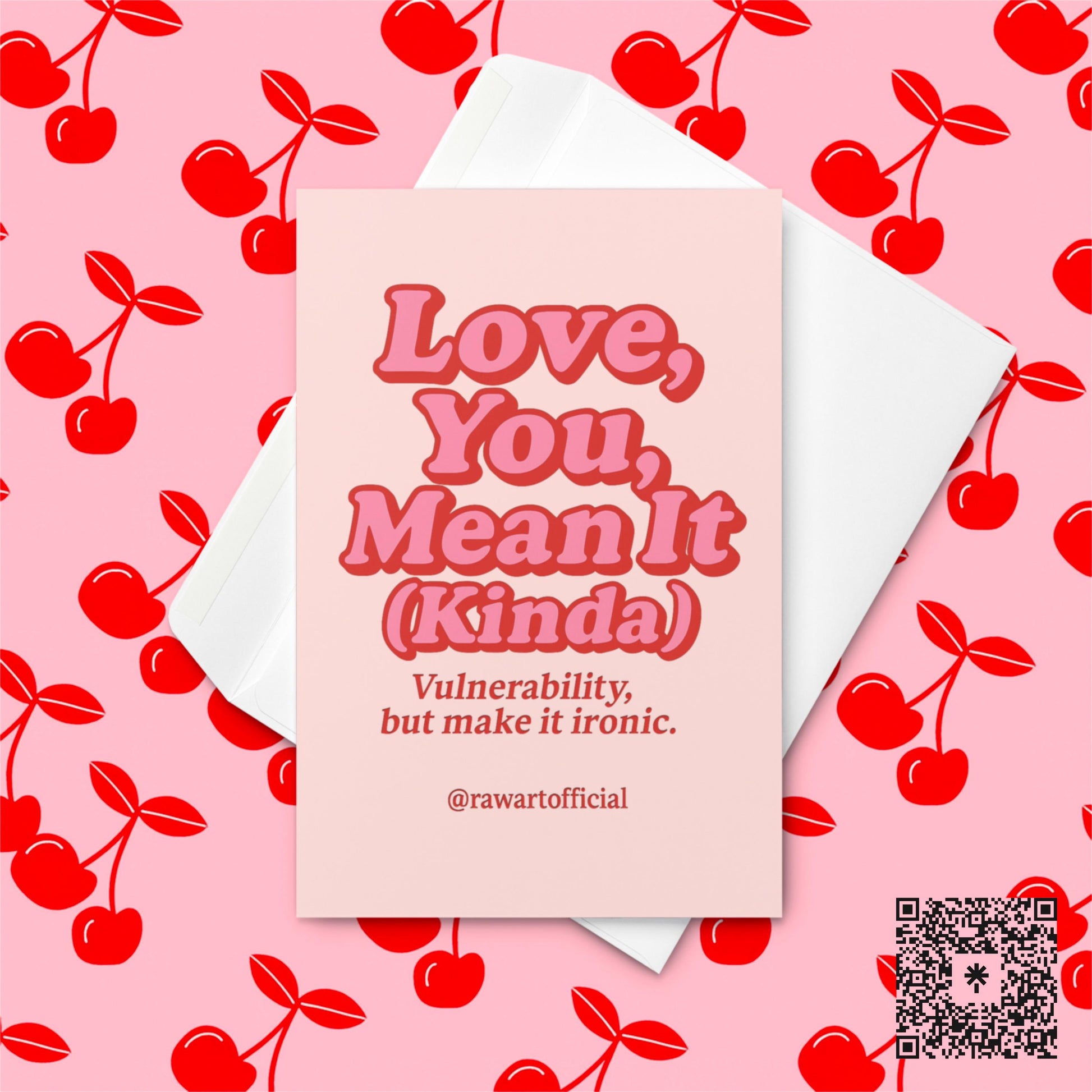 Retro pink and red bubble text reading “Love You, Mean It (Kinda)” with tagline “Vulnerability, but make it ironic.”