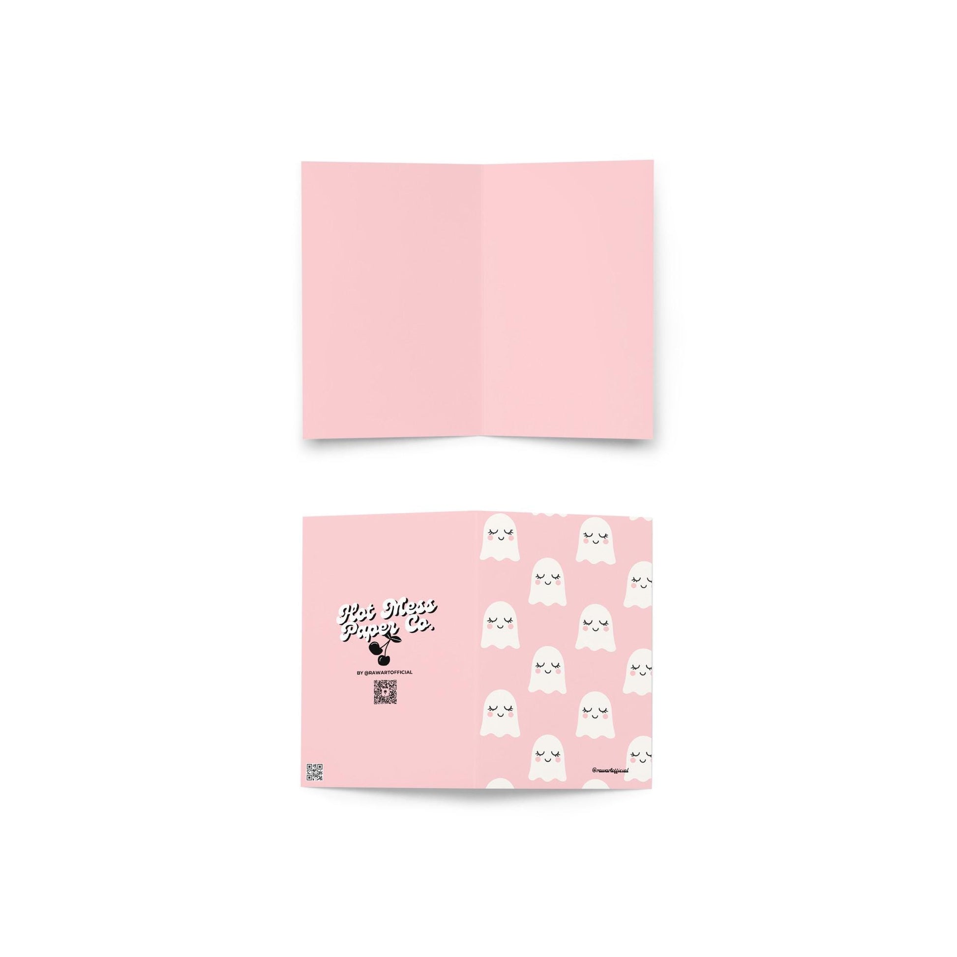 Pink greeting card with repeating white smiling ghosts featuring rosy cheeks and sleepy eyes in kawaii pastel style.