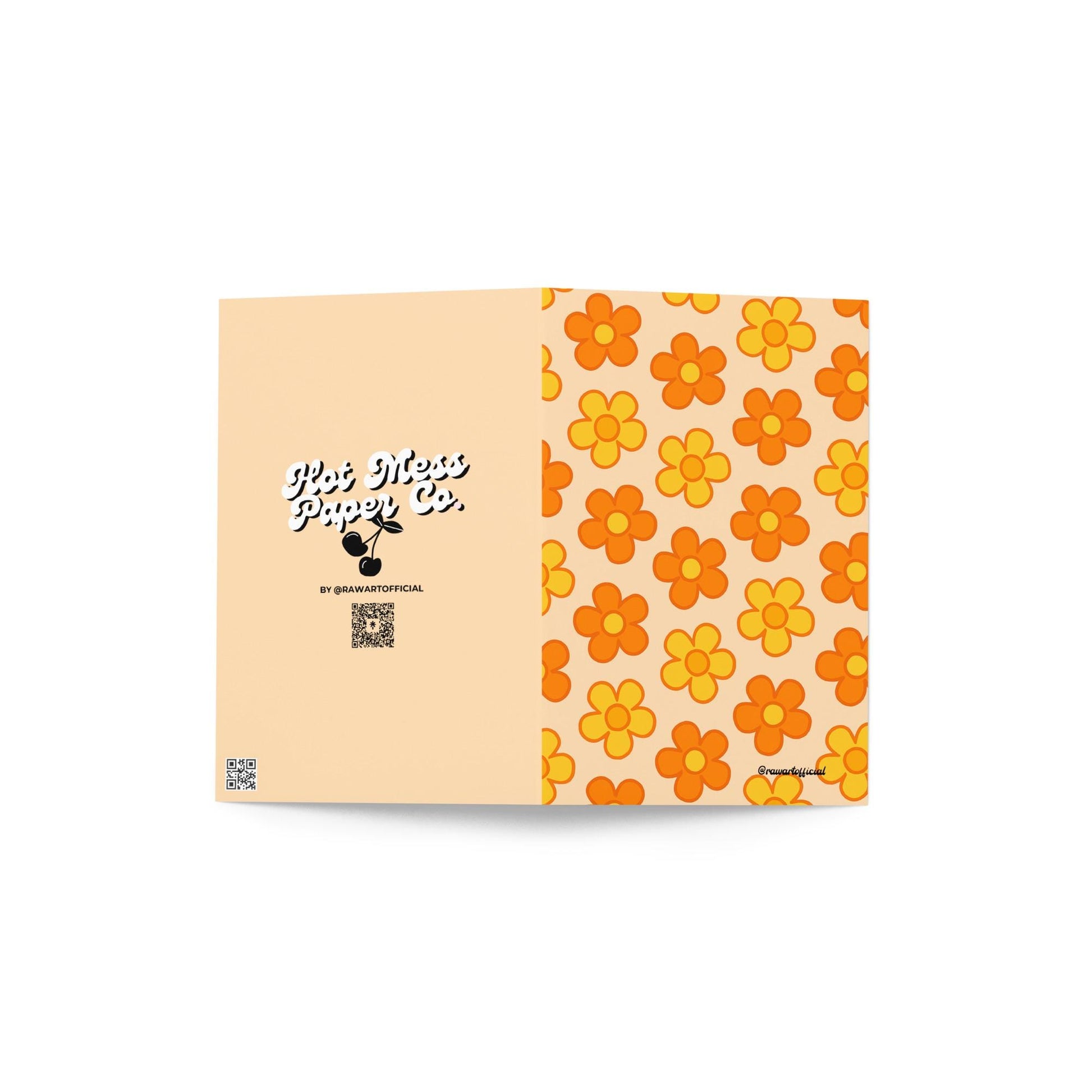 Cream greeting card with repeating orange and yellow daisy flower pattern in retro 70s Y2K style.