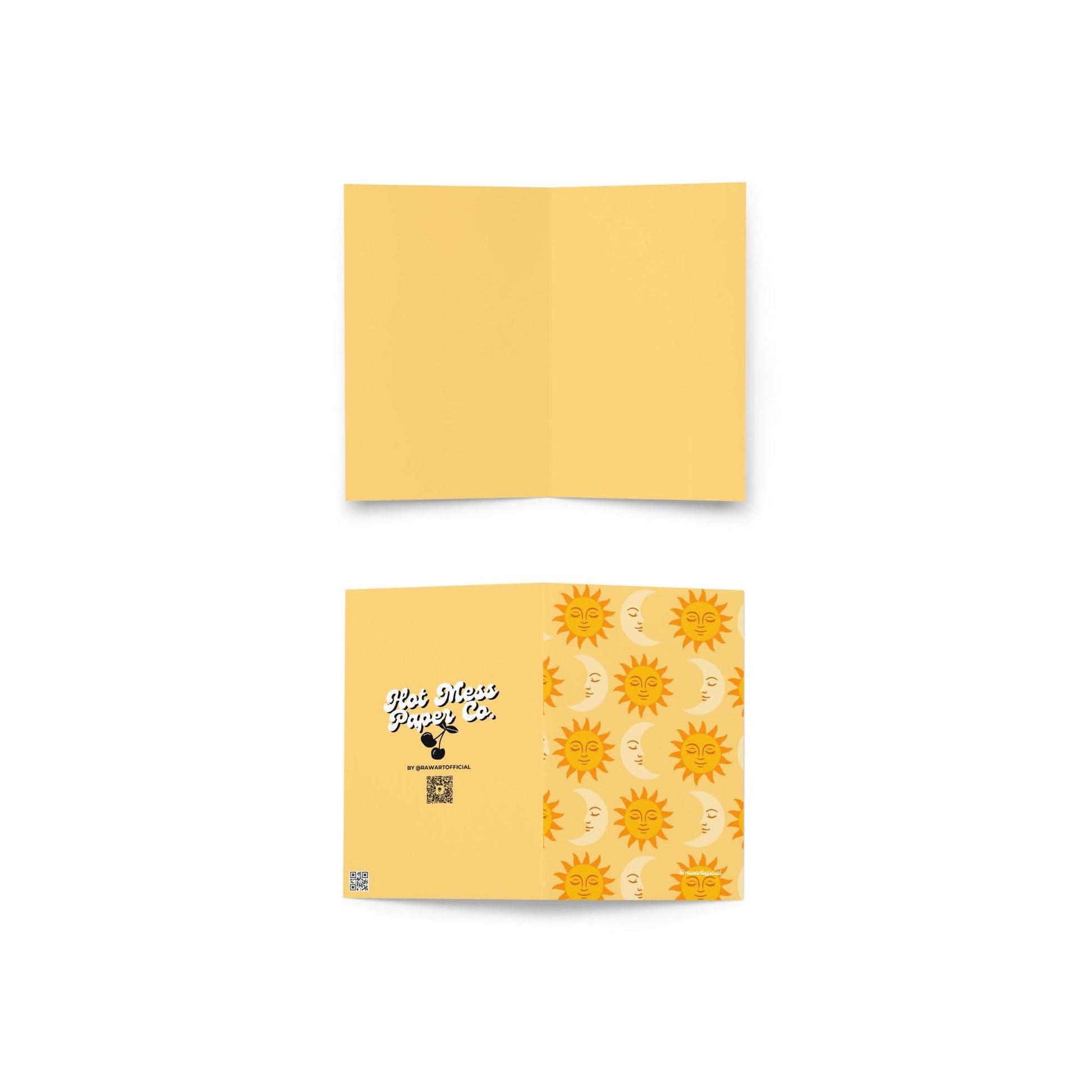 Golden yellow greeting card with repeating orange sun and cream moon pattern in retro celestial style.