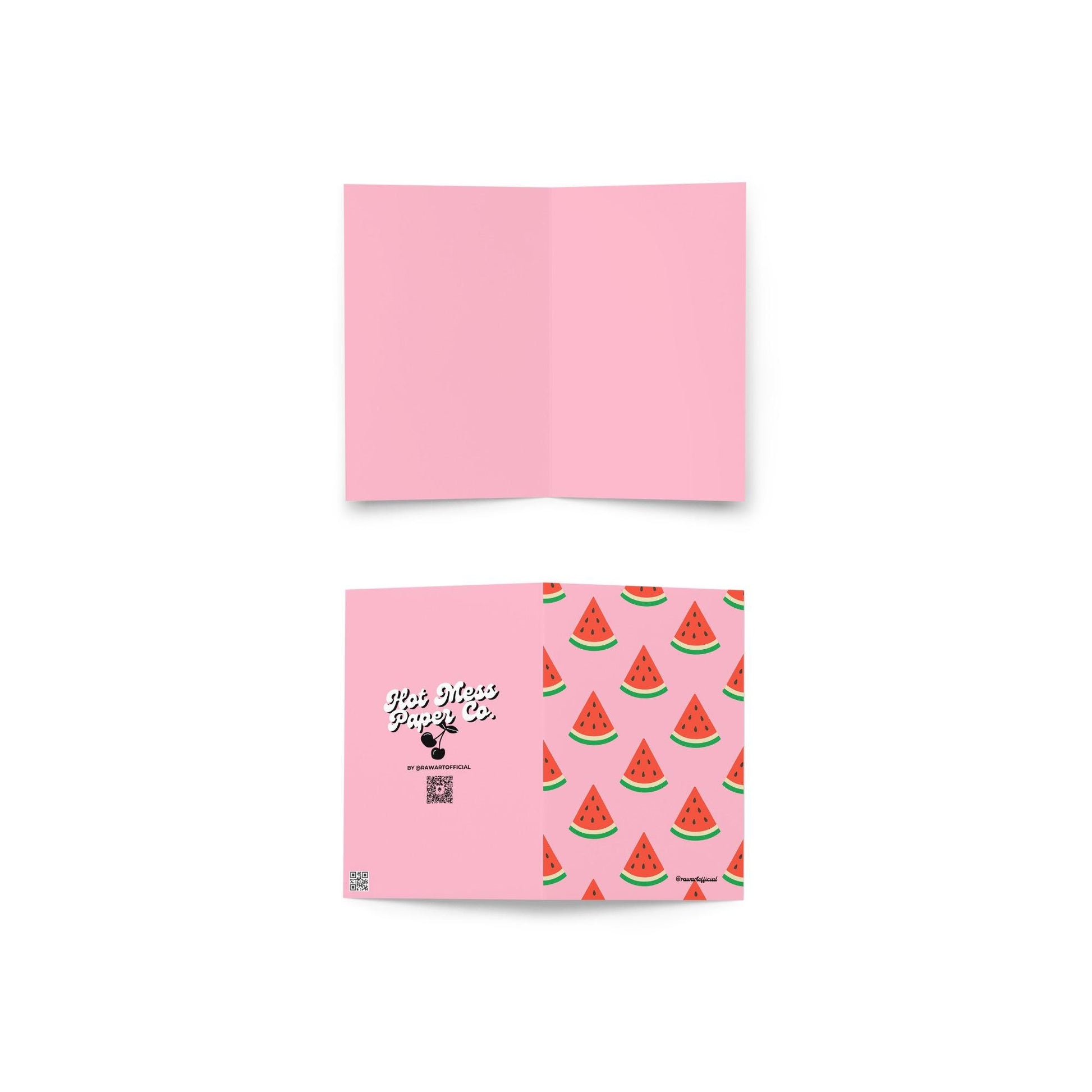 Pink greeting card with repeating watermelon slice pattern in bold retro Y2K style.