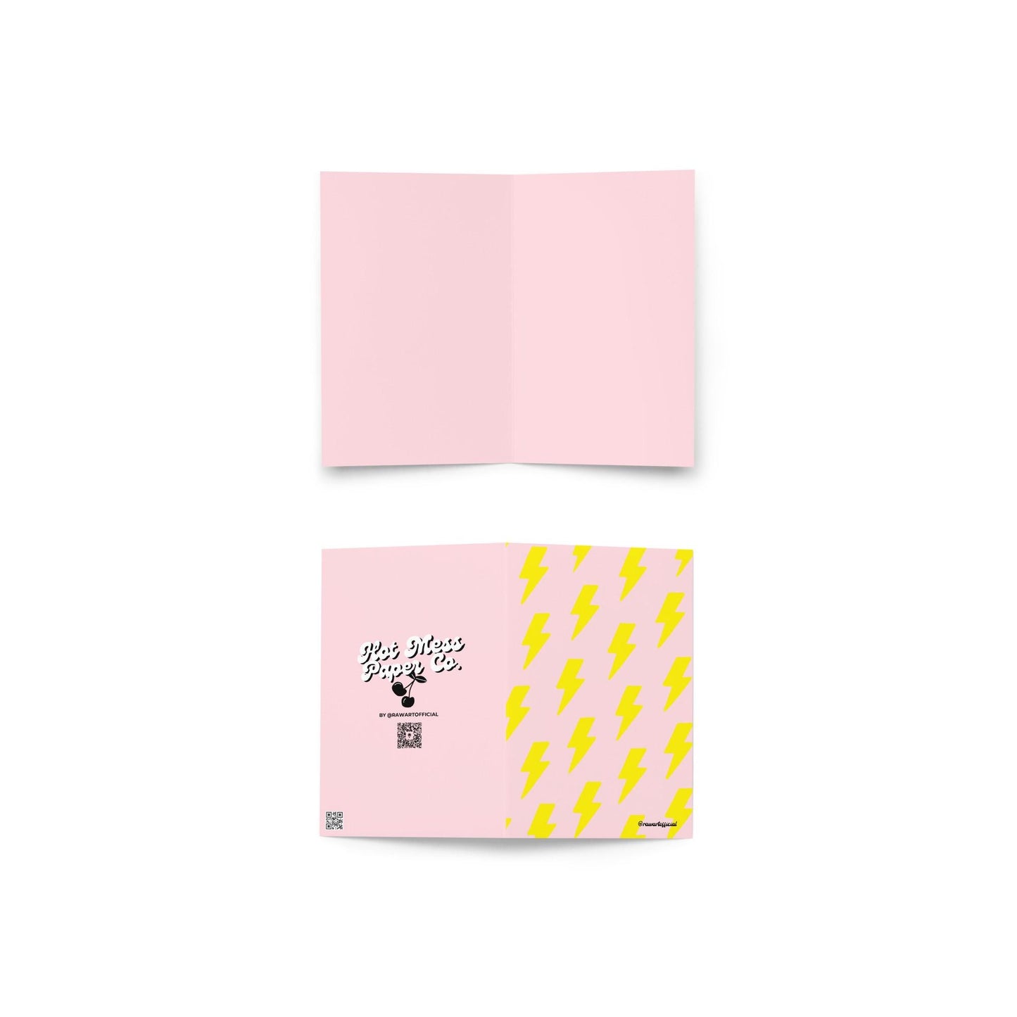 Pink greeting card with repeating yellow lightning bolt pattern in bold Y2K retro style.