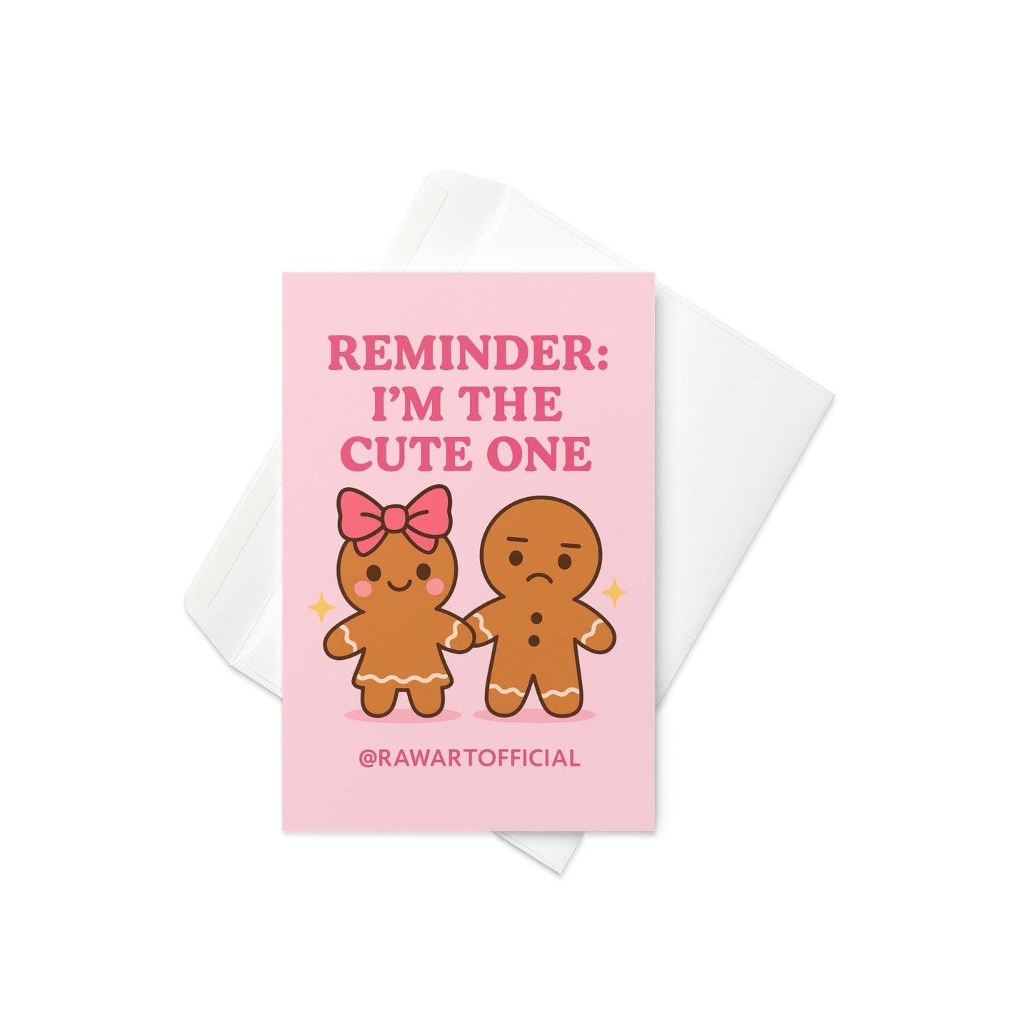 Pink gingerbread sibling Christmas card; cute bow character and annoyed sibling.