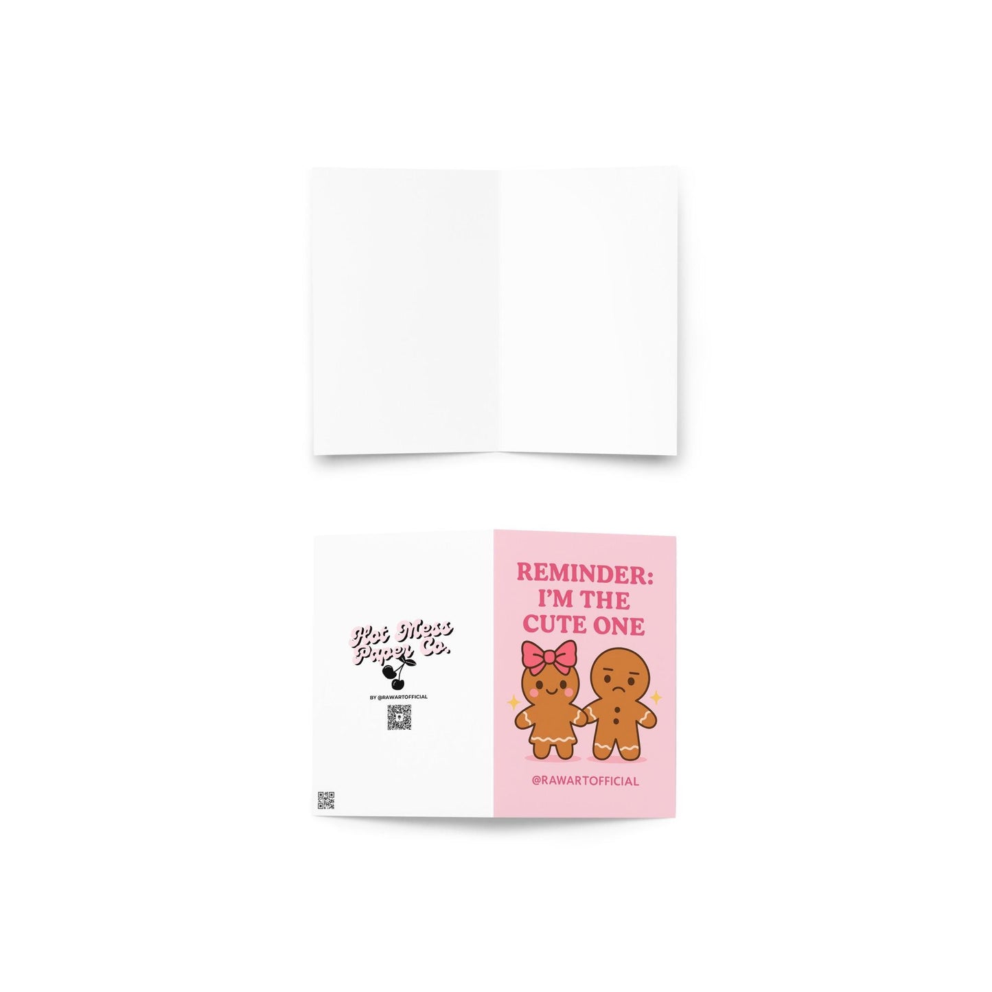 Pink gingerbread sibling Christmas card; cute bow character and annoyed sibling.