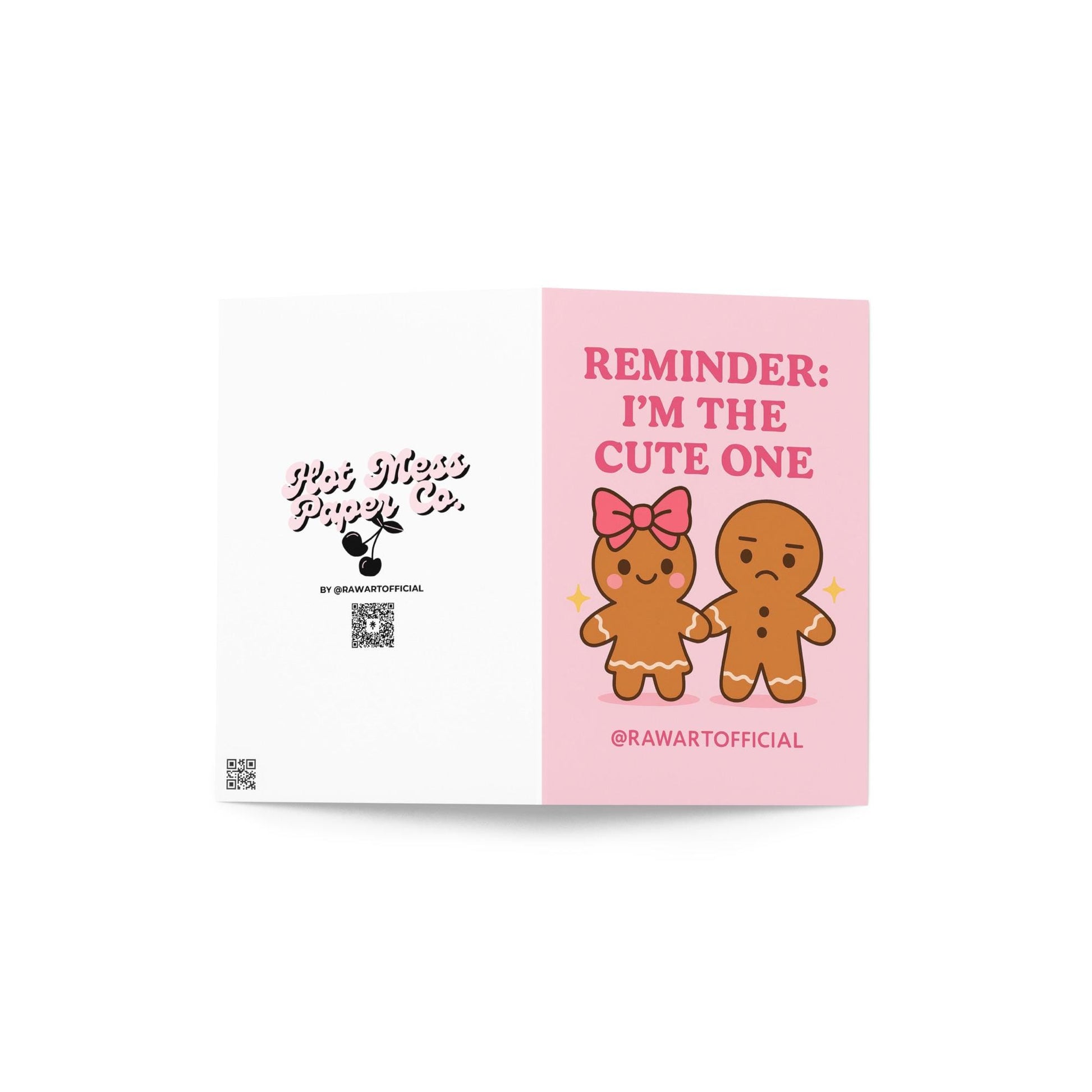 Pink gingerbread sibling Christmas card; cute bow character and annoyed sibling.