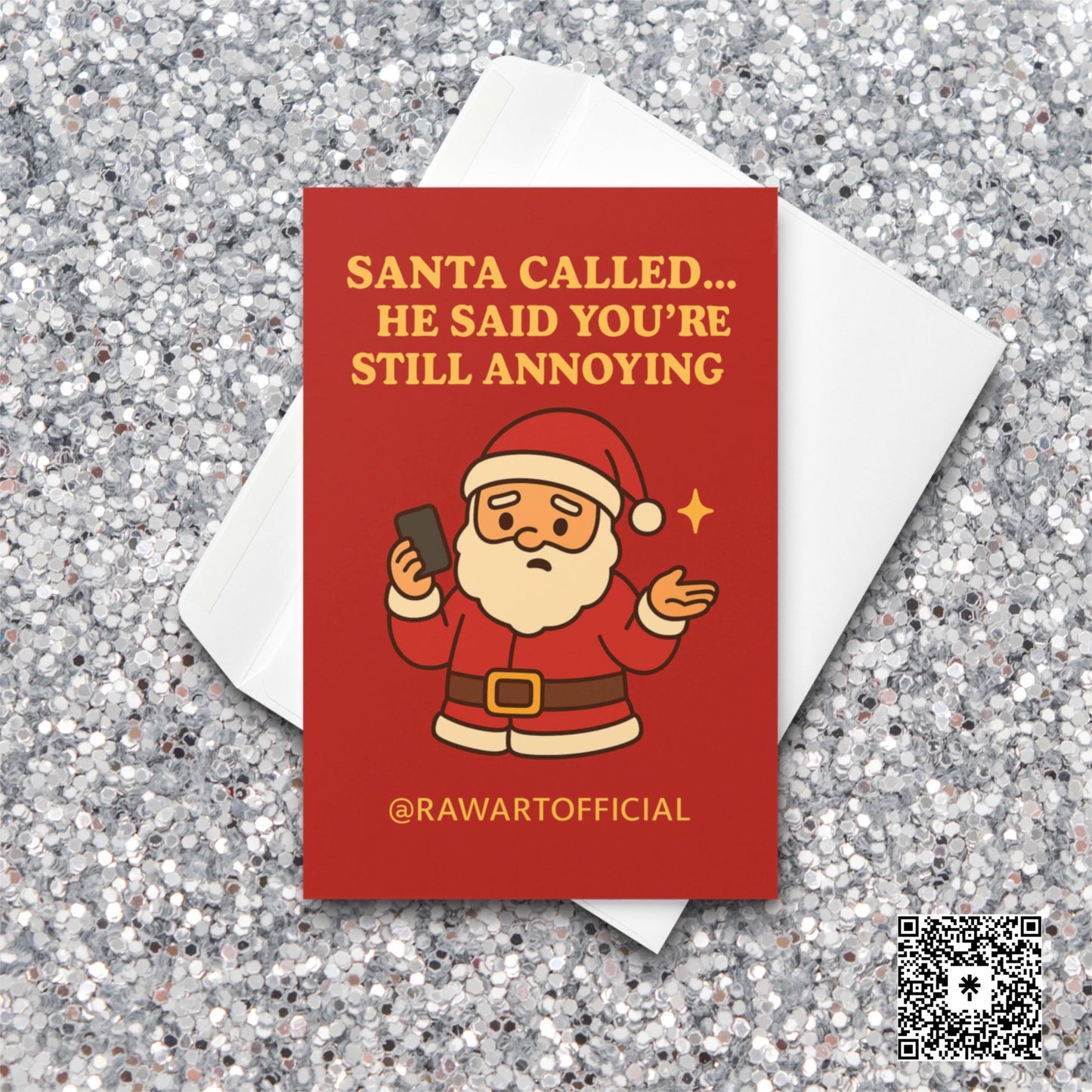 Funny sibling Christmas card with Santa holding a phone on a red retro background.