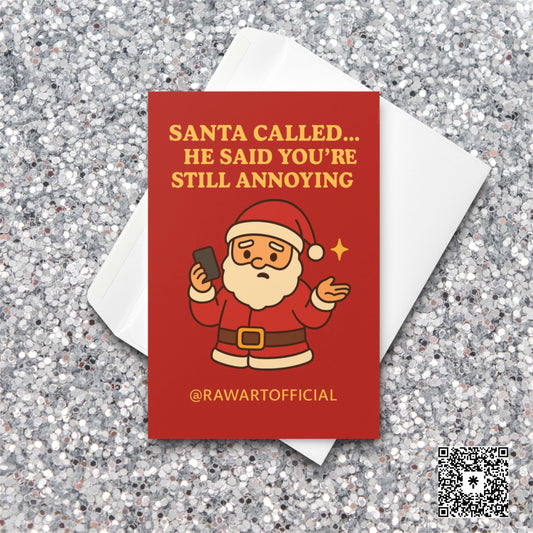 Funny sibling Christmas card with Santa holding a phone on a red retro background.