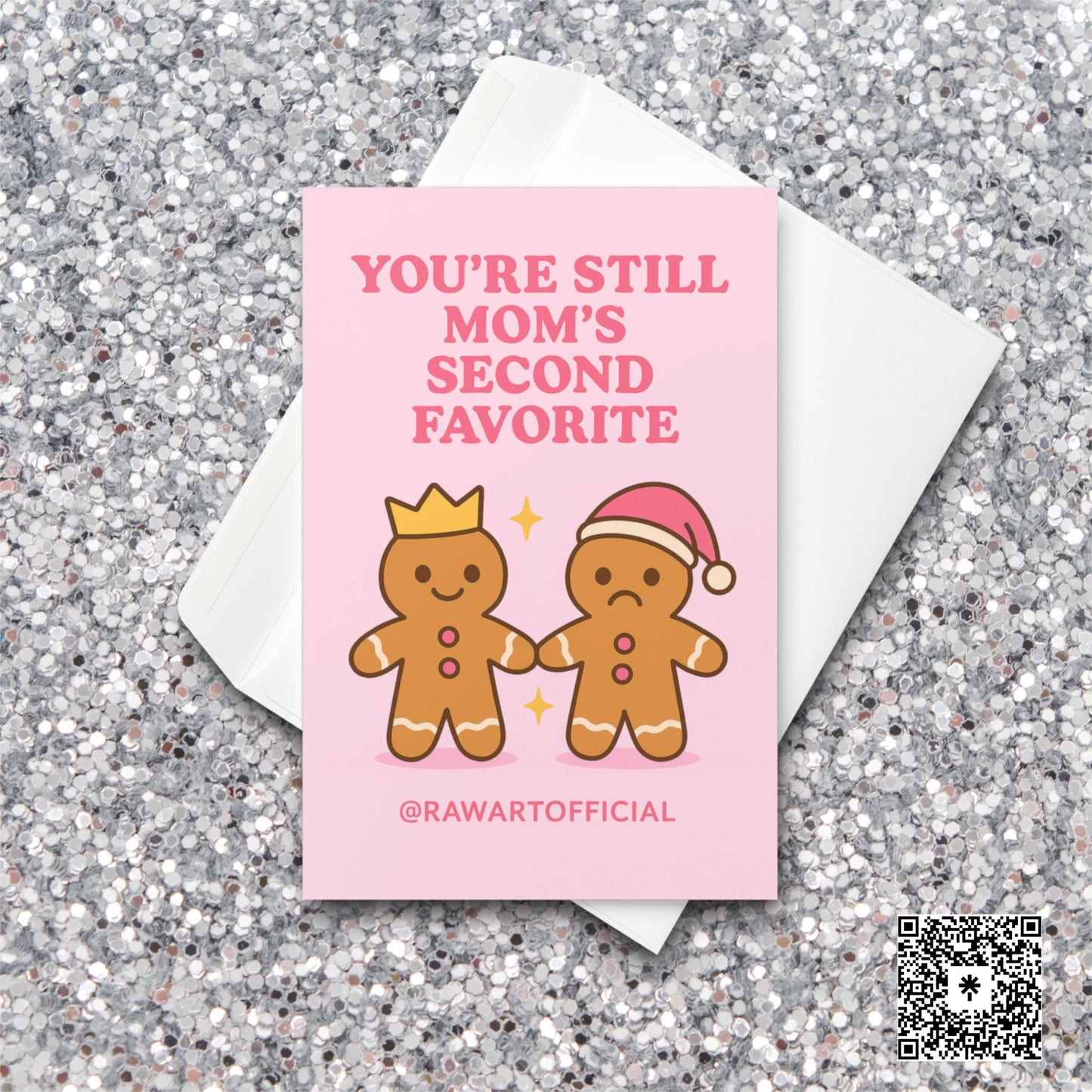 Gingerbread siblings Christmas card with pink background and funny “mom’s second favorite” text.