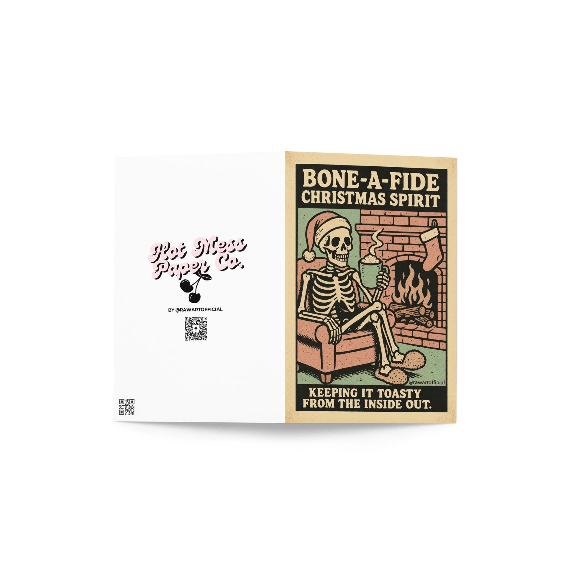 Retro beige Christmas card featuring a skeleton in slippers and Santa hat sipping cocoa by a fireplace with text “Bone-A-Fide Christmas Spirit.”
