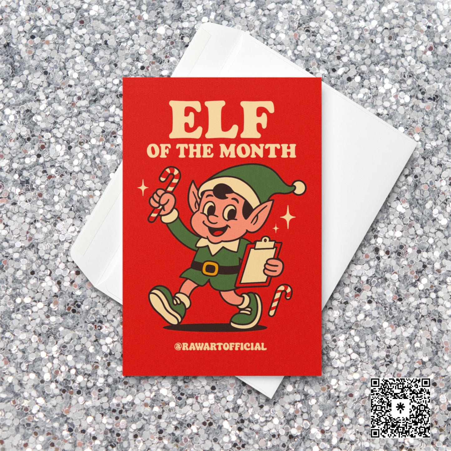 Retro red Christmas card showing a cartoon elf holding a candy cane and clipboard with the text “Elf of the Month.”