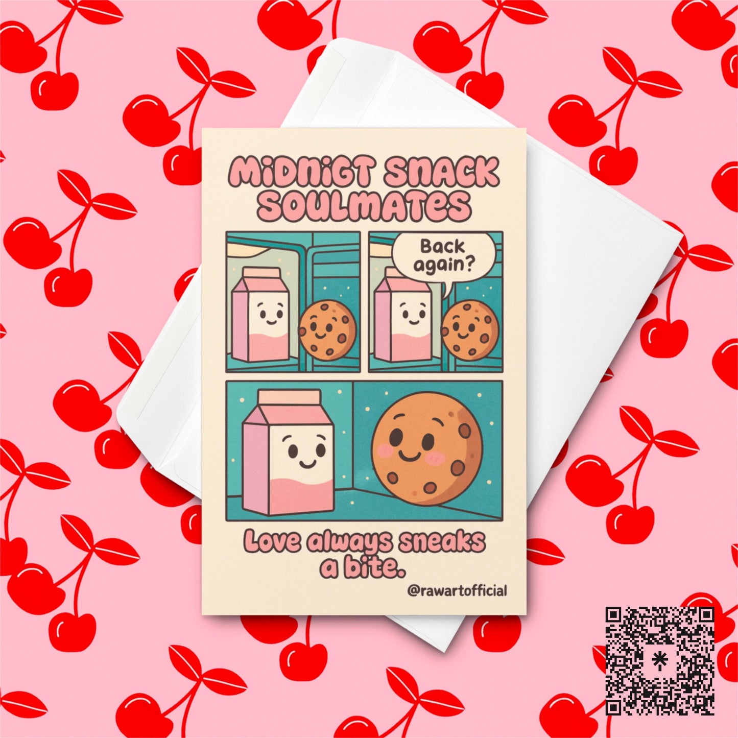Retro comic-style card featuring a smiling pink milk carton and cookie with text “Midnight Snack Soulmates” and “Love always sneaks a bite.”
