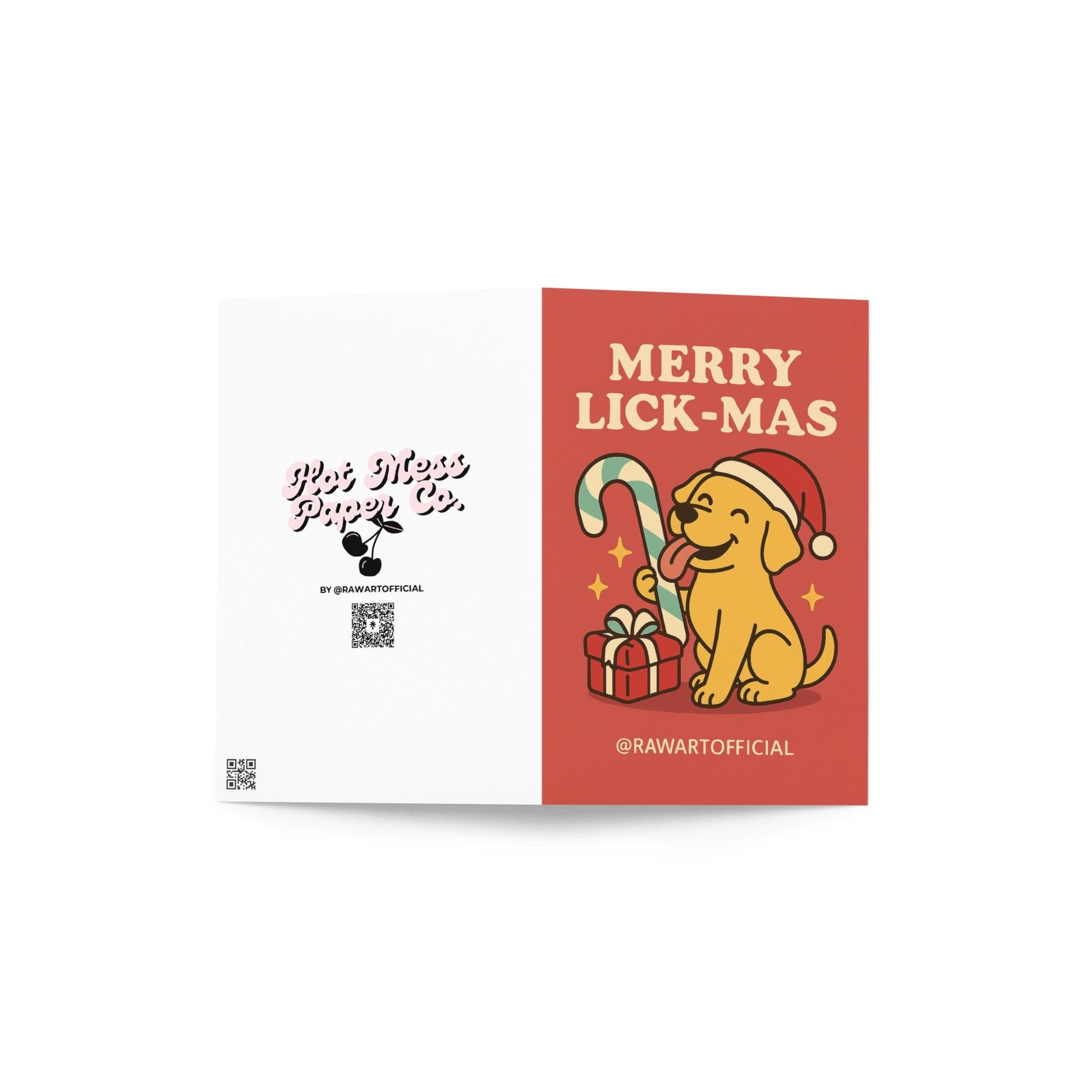 Yellow Lab holding candy cane with gift, funny red Christmas card saying Merry Lick-mas.